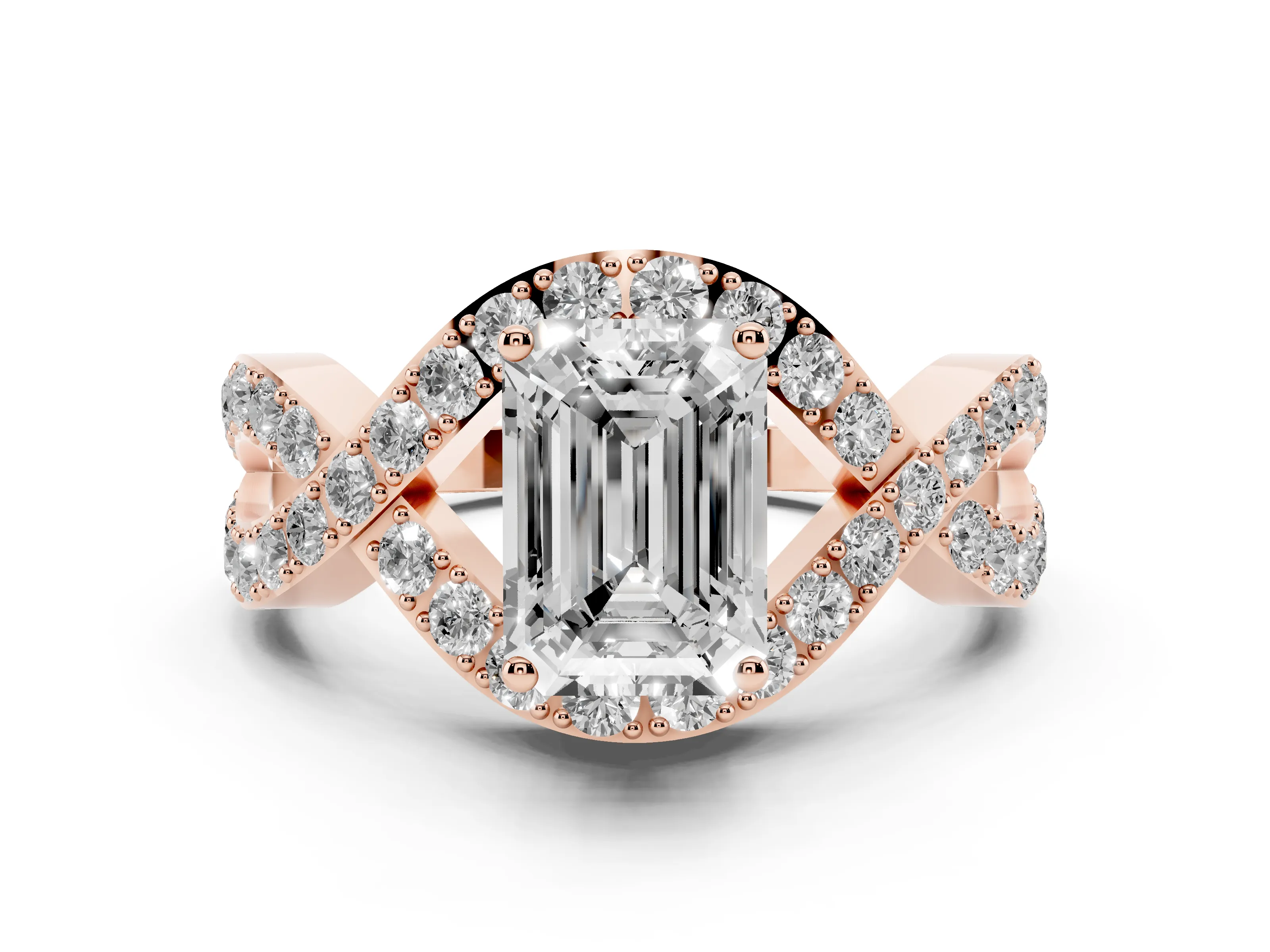 Emerald Cut Diamond Solitaire Twist Band Pavé Engagement Ring Set in Rose gold
