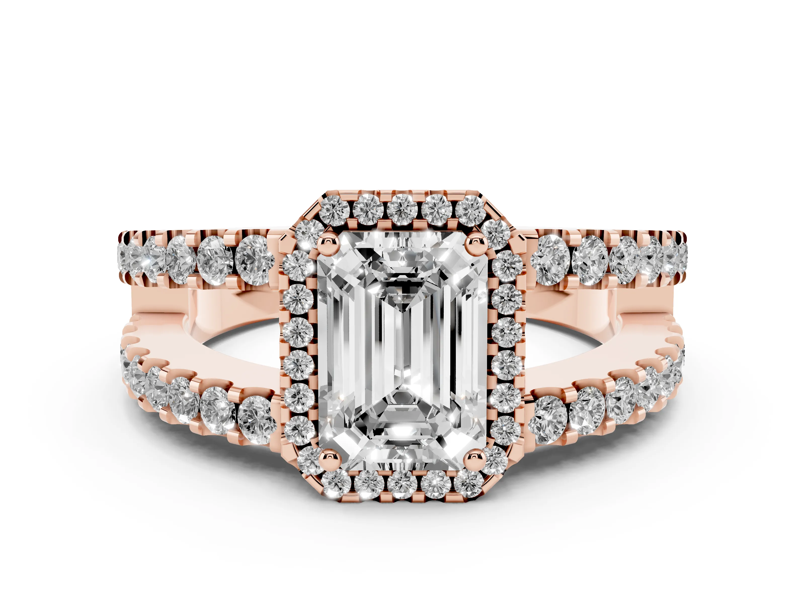 Emerald Cut Diamond Halo Ring Set in Rose gold with Pavé Split Shank and Prong Setting