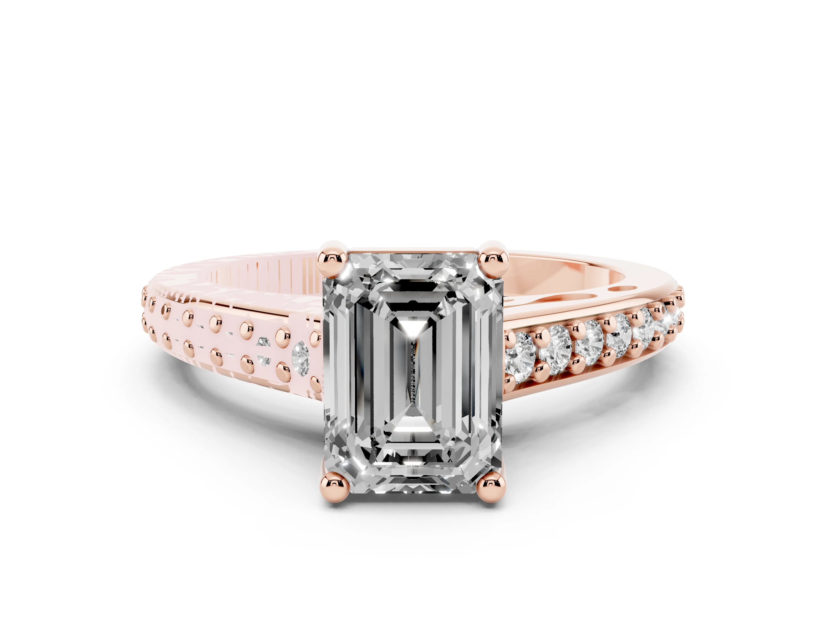 Emerald Cut Diamond Prong Set Solitaire Engagement Ring Set in Rose gold with Pavé Band