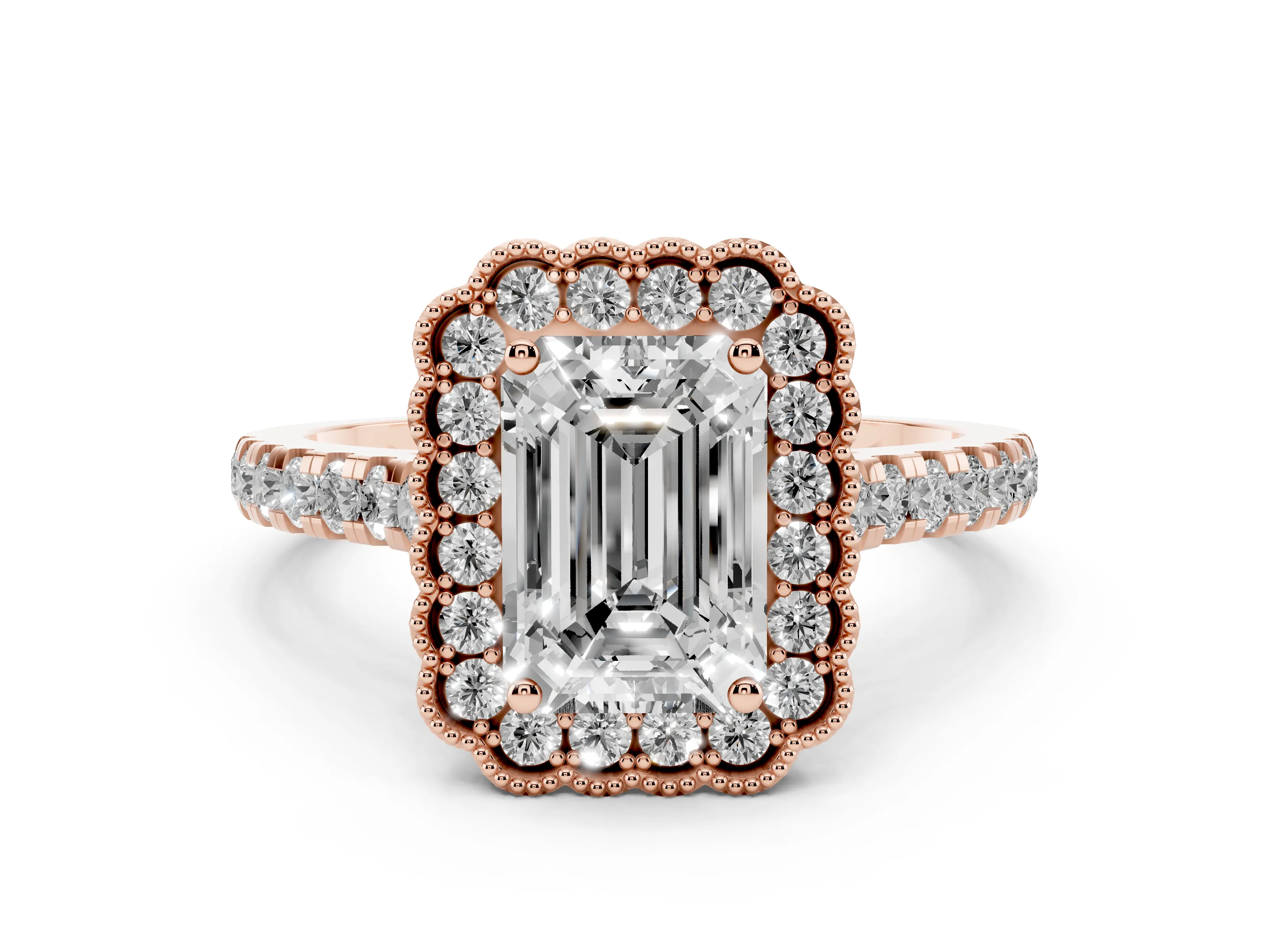 Emerald Cut Diamond Milgrain Floral Halo Engagement Ring Set in Rose gold with Pavé Band