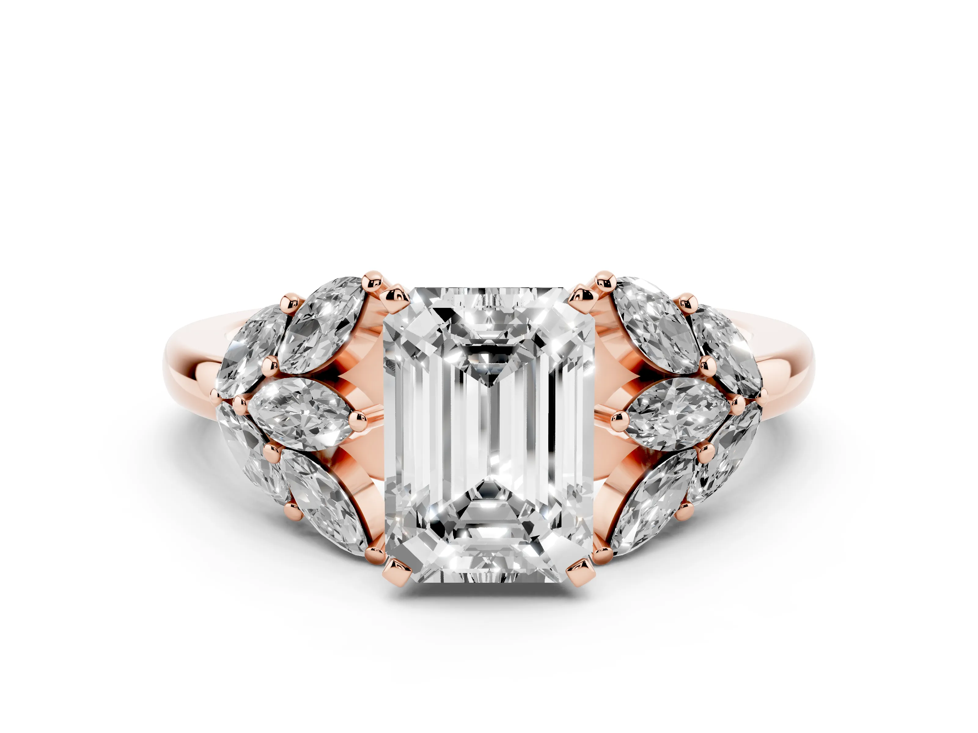 Emerald Cut Diamond Cluster Leaf Design Ring Set in Rose gold with Prong Setting