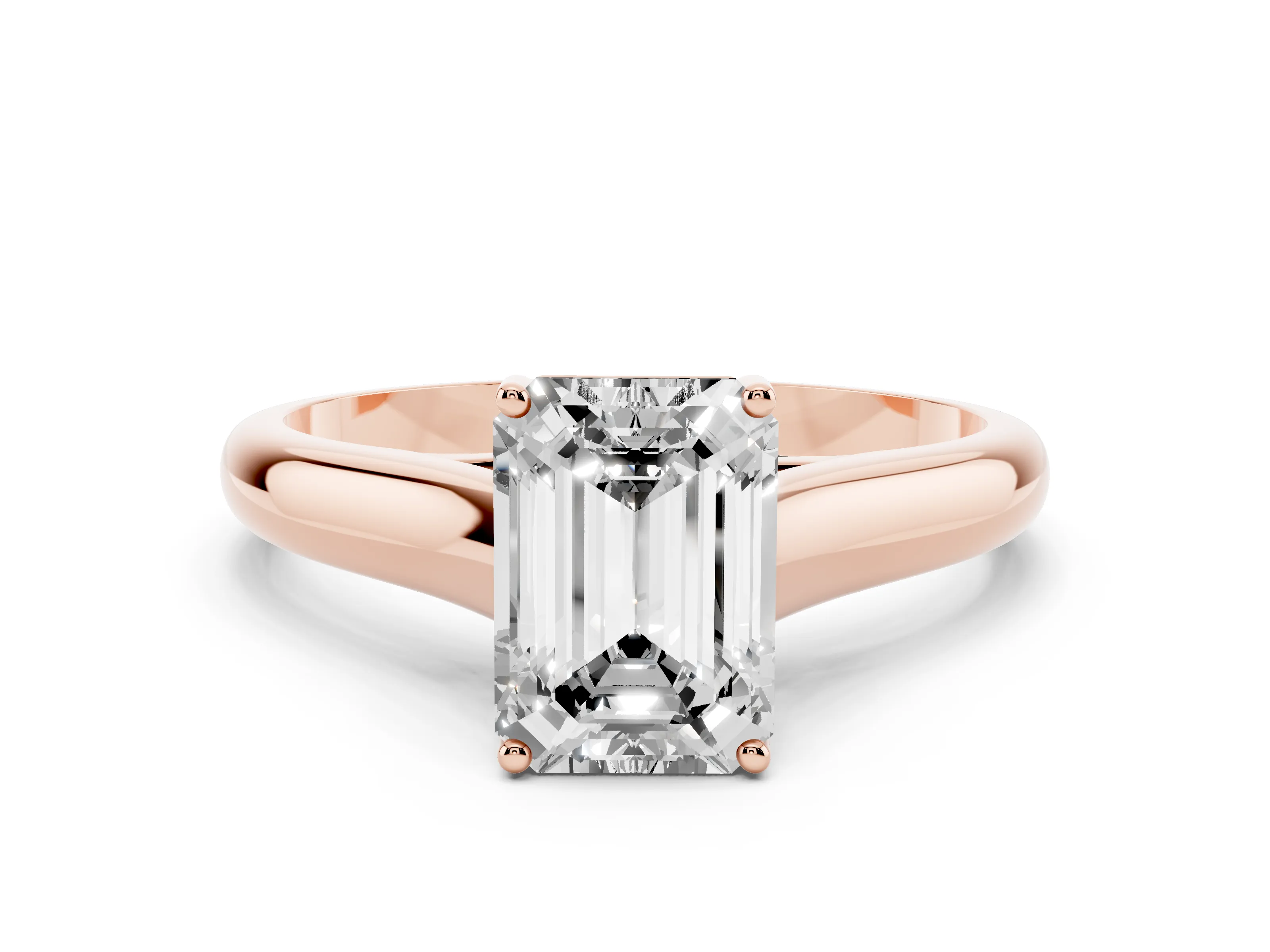 Emerald Cut Diamond Solitaire Engagement Ring Set in Rose gold with Subtly Tapered Band and Prong Setting