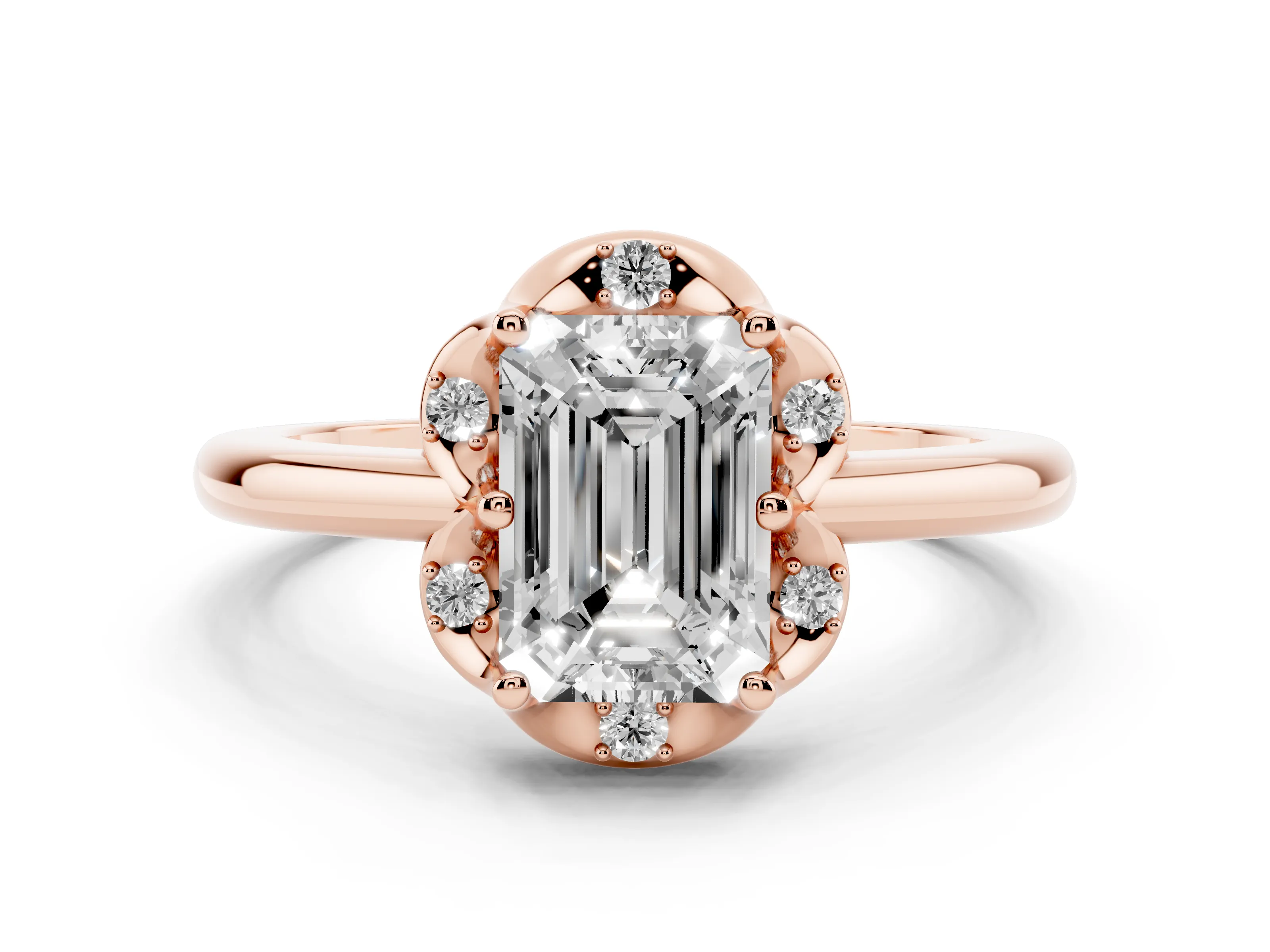 Emerald Cut Diamond Round Cluster Halo Ring Set in Rose gold with Solitaire Band and Prong Setting