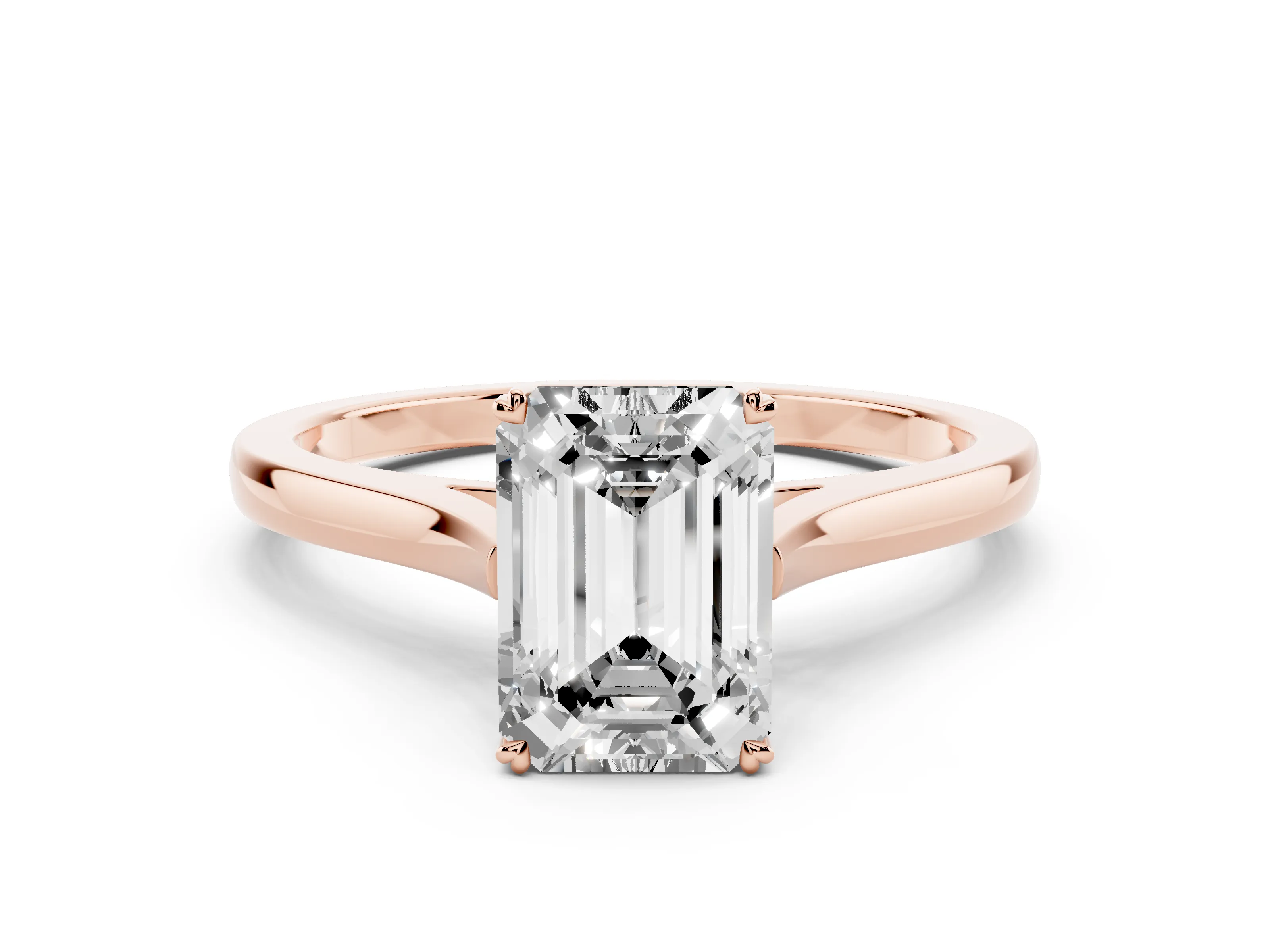 Emerald Cut Diamond Solitaire Heart Prong Engagement Ring Set in Rose gold with Tapered Band