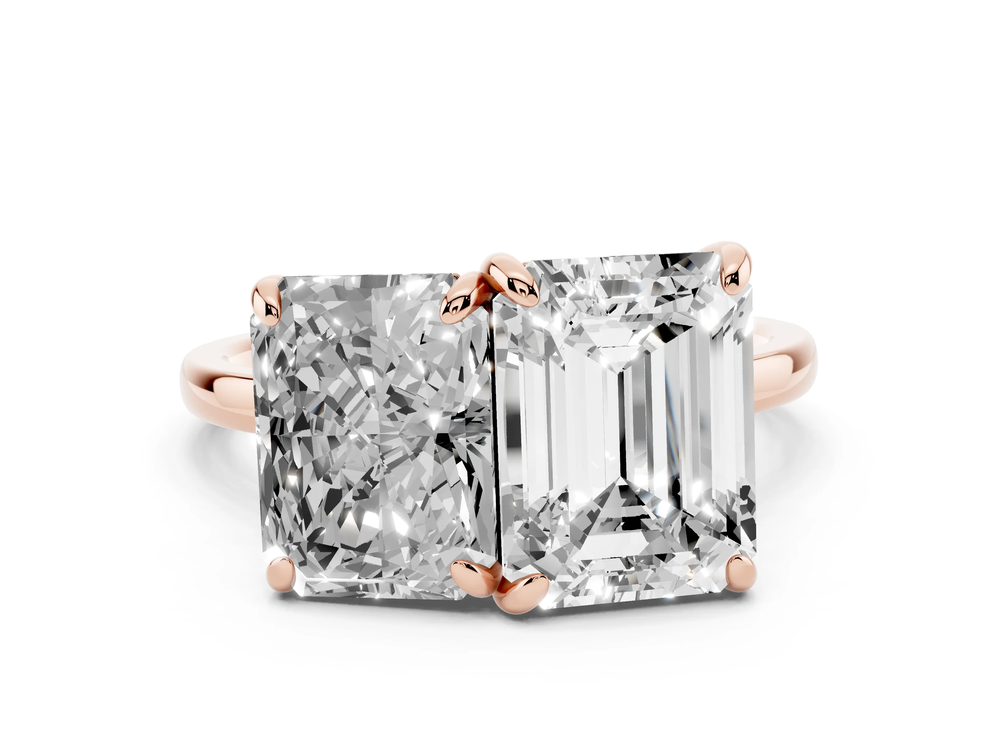 Emerald and Radiant Toi Moi Ring Set in Rose gold with Prong Setting and Plain Band