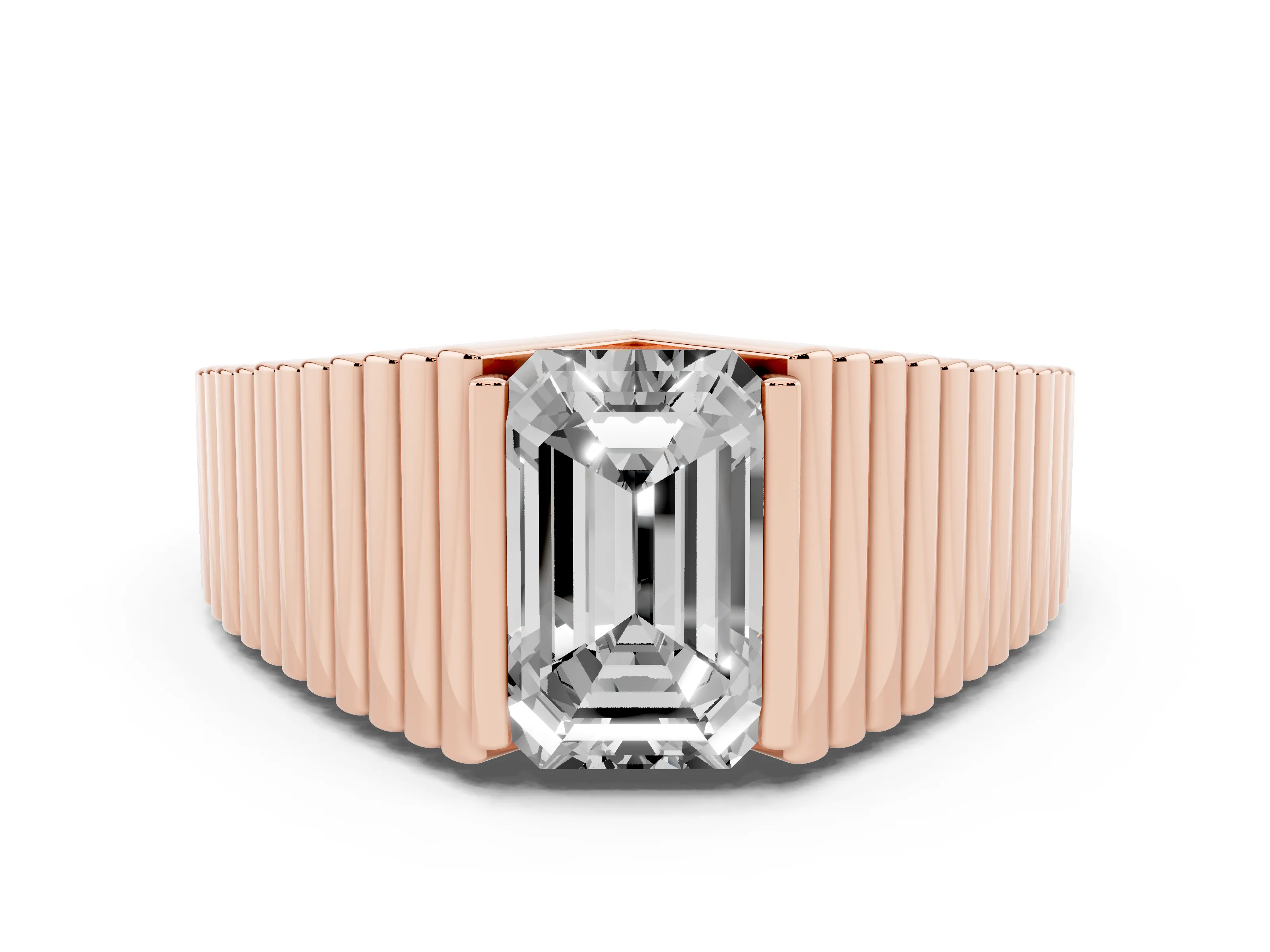 Emerald Cut Diamond Mens Ring Set in Rose gold with Fluted Band