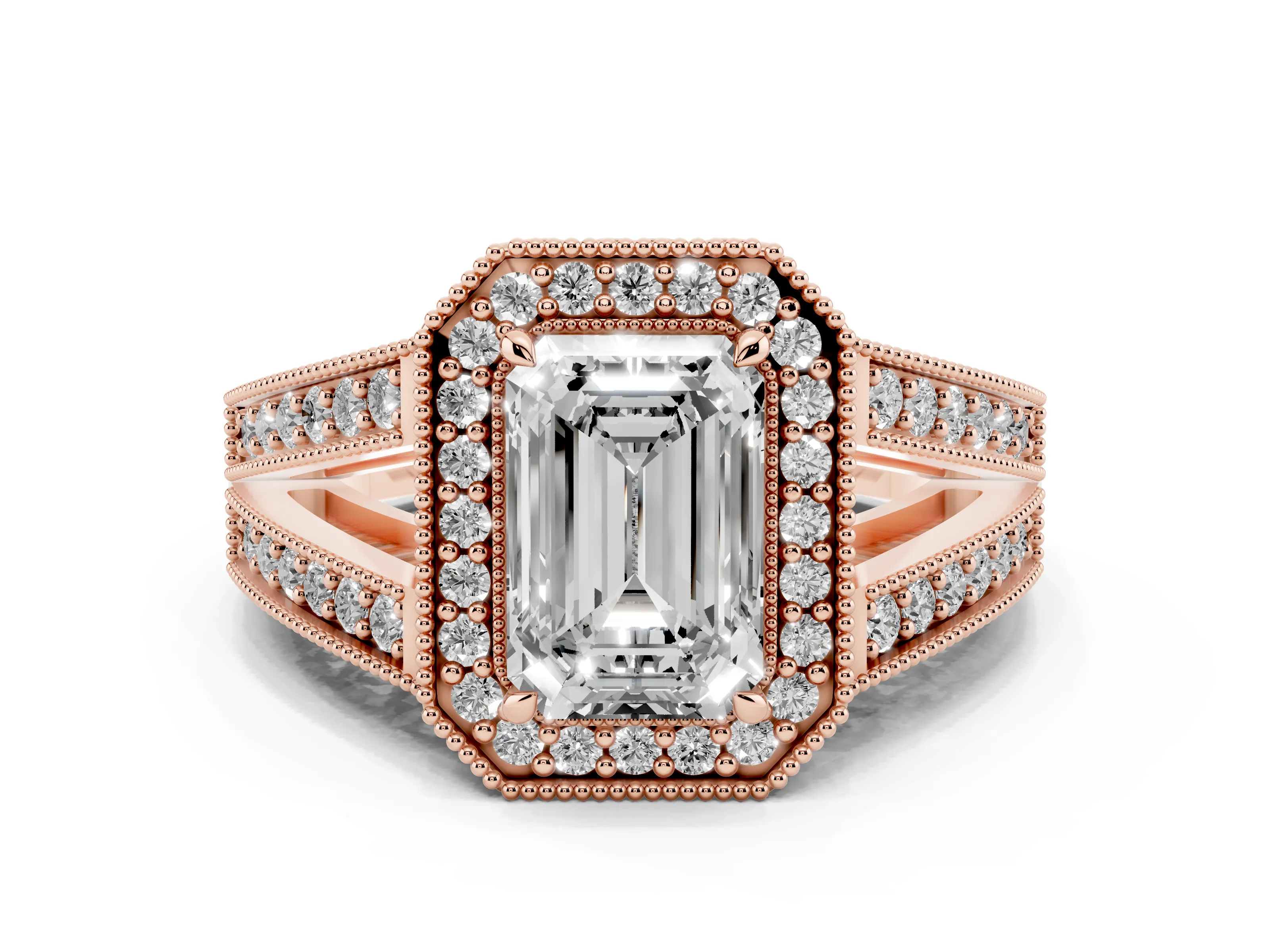 Emerald Cut Diamond Halo Ring Set in Rose gold with Stone-Set Split Shank and Milgrain Edges
