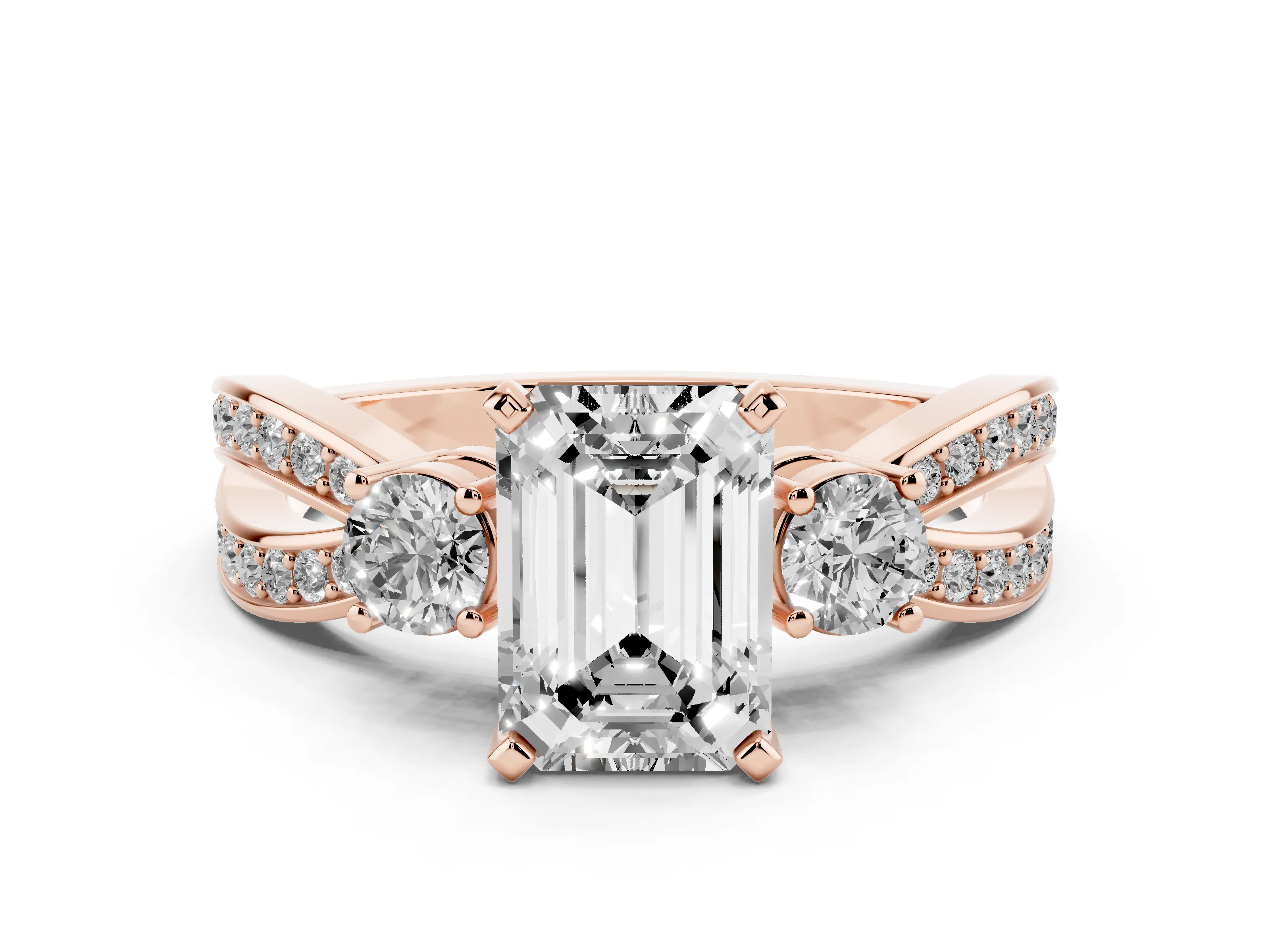 Three-Stone Emerald Cut Diamond Twist Band Ring Set in Rose gold with Pavé Accents and Prong Setting