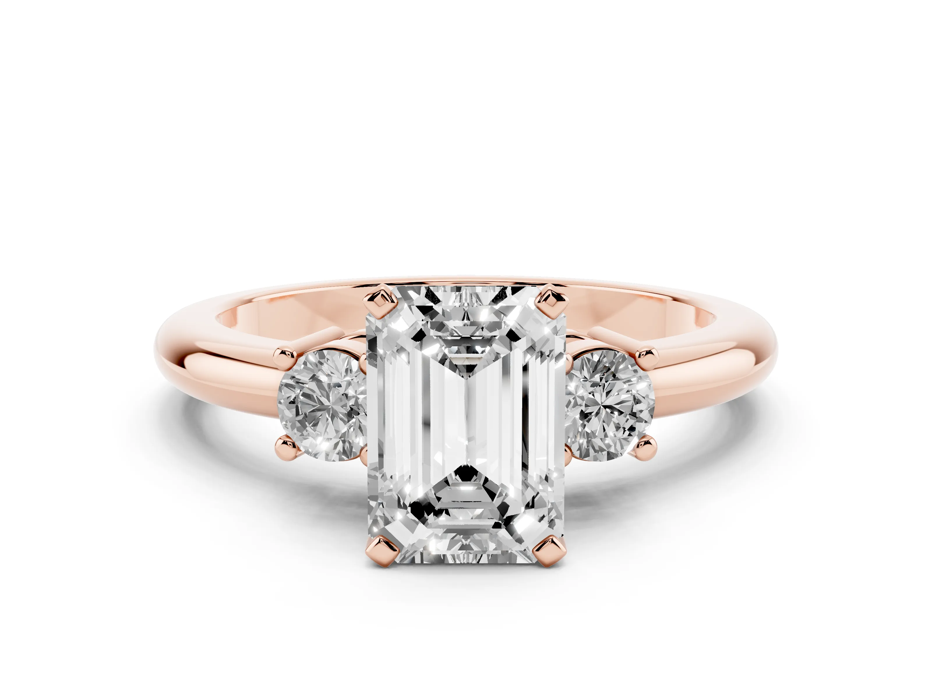 Three-Stone Emerald Cut Diamond Ring Set in Rose gold with Prong Setting and Plain Band