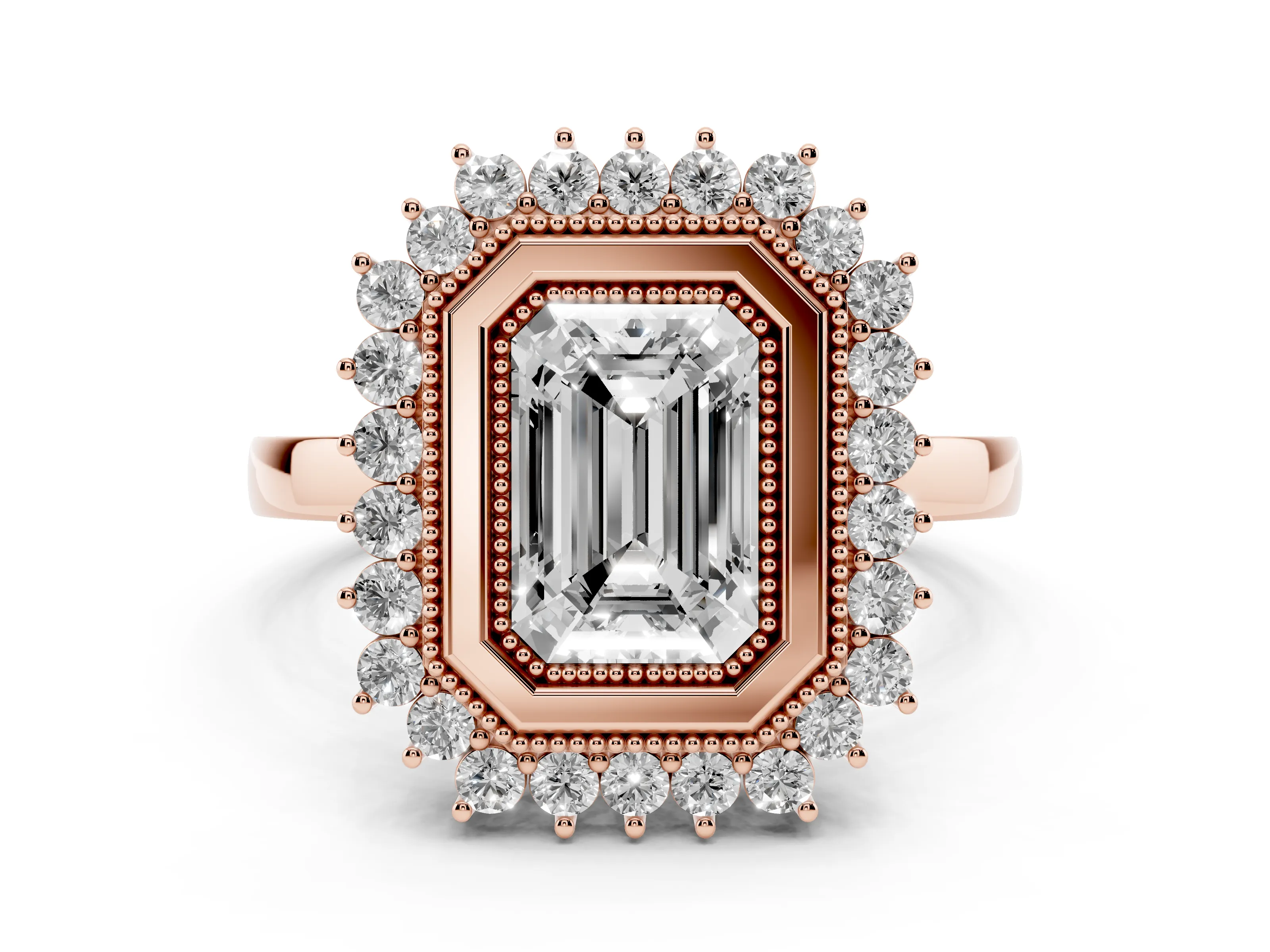 Emerald Cut Diamond Halo Ring Set in Rose gold with Milgrain Edge and Round Prong Setting