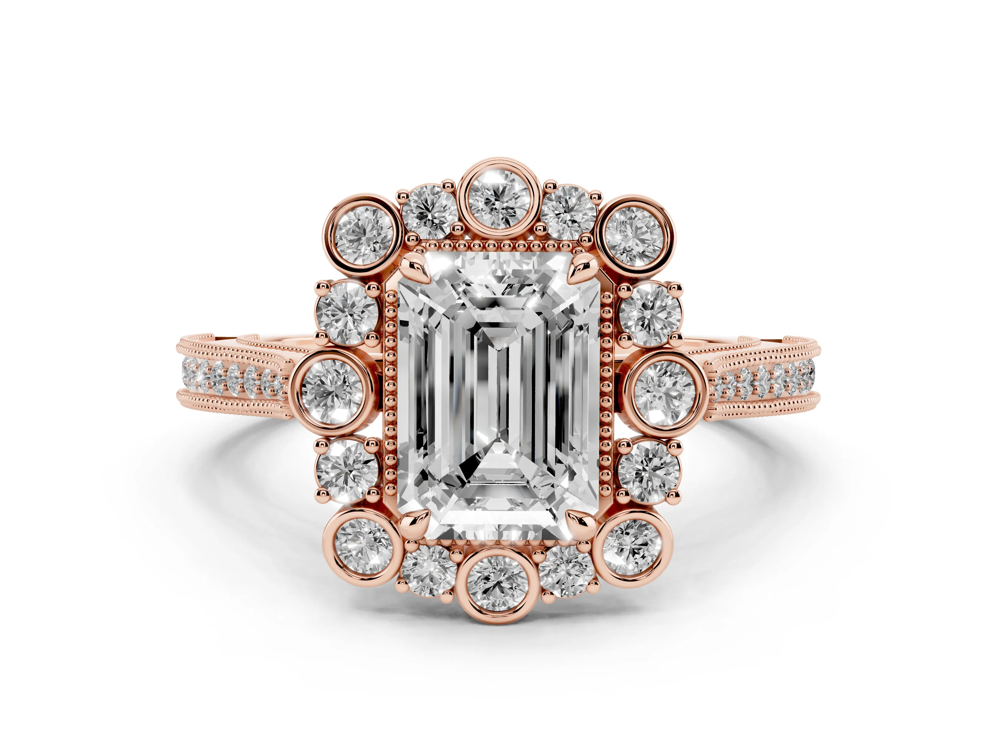 Emerald Cut Diamond Halo Milgrain Pavé Ring Set in Rose gold with Prong Setting