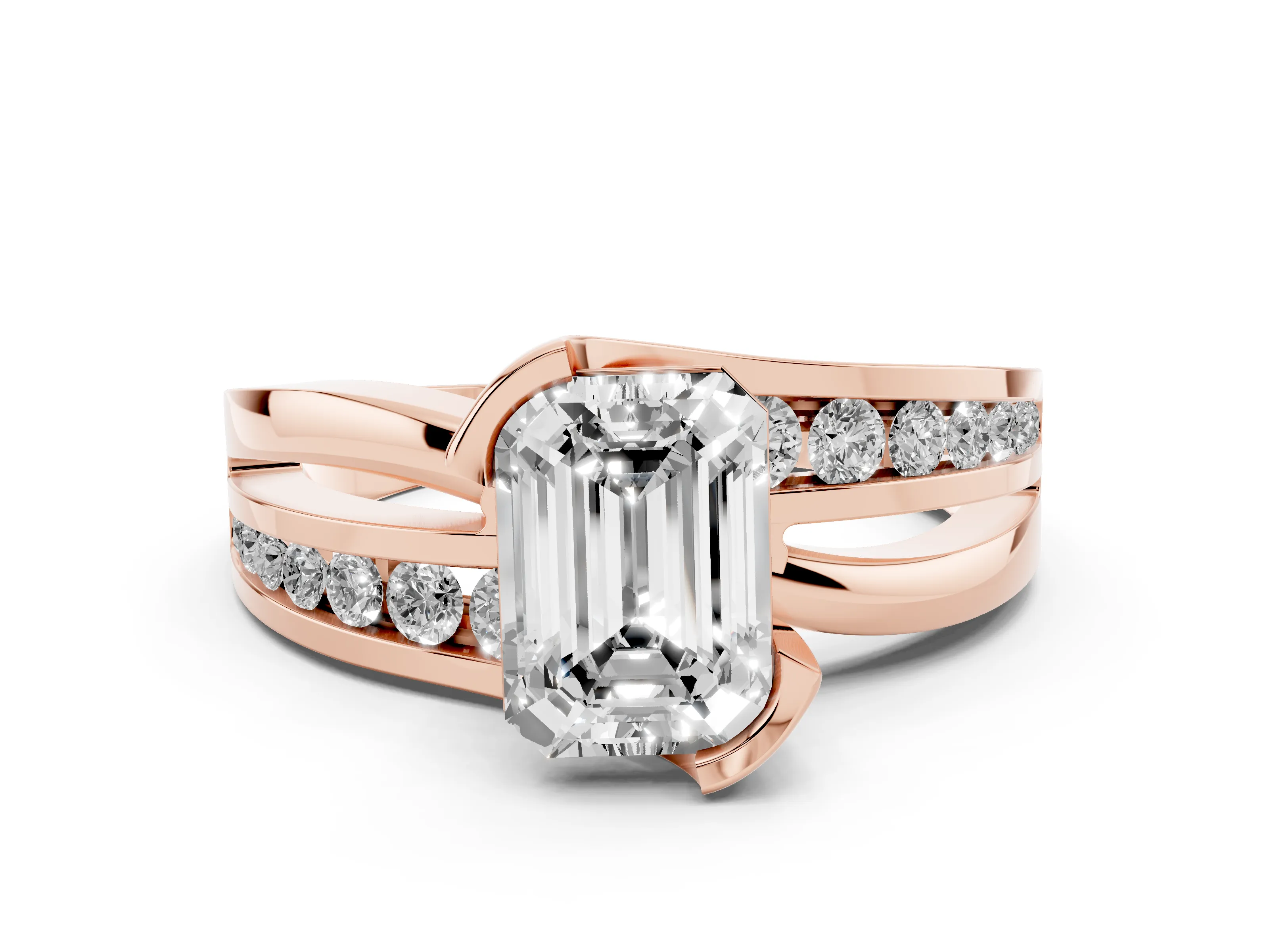 Emerald Cut Diamond Solitaire Ring Set in Rose gold with Channel Set Split Shank and Tension Prongs