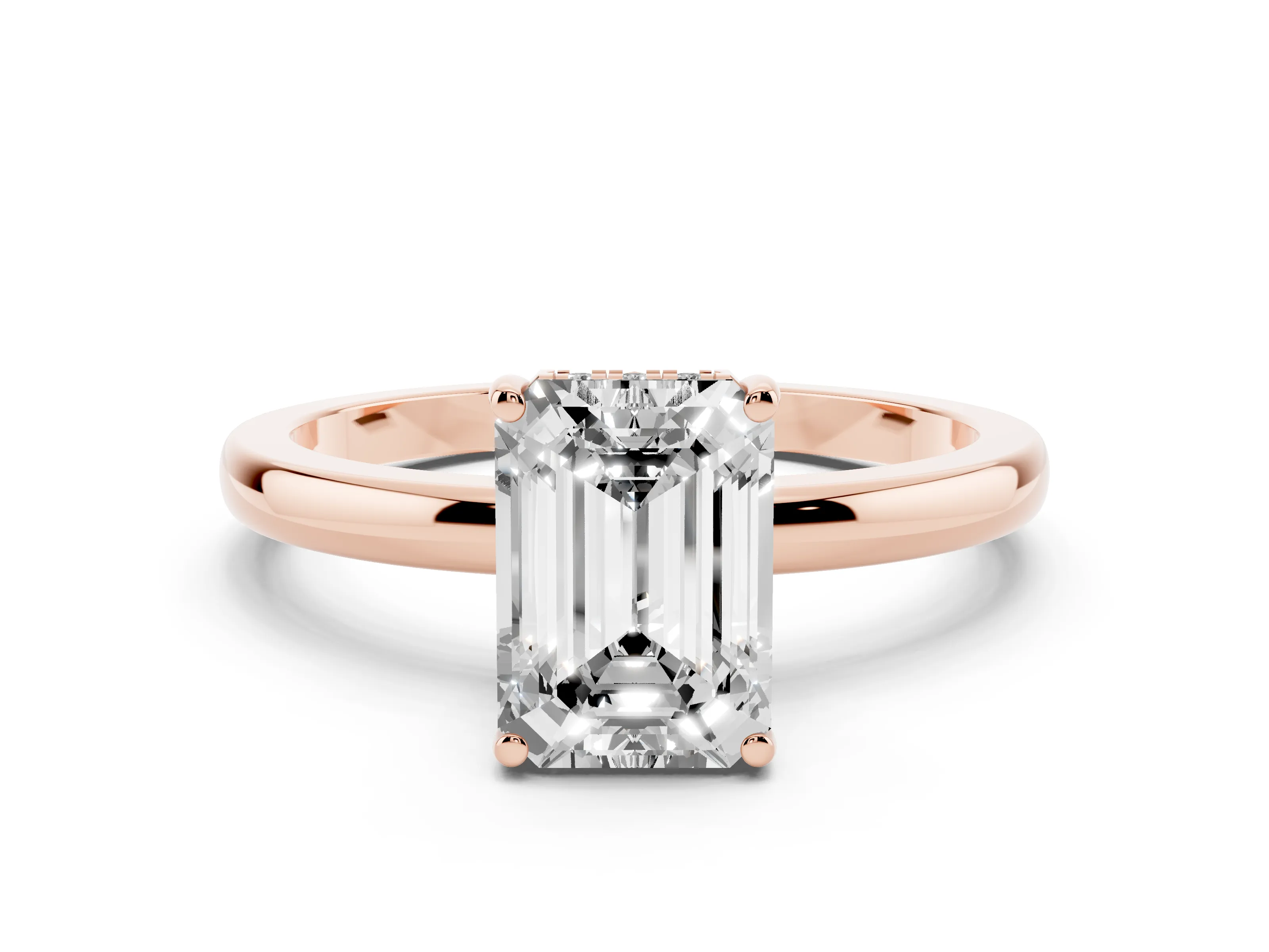 Emerald Cut Diamond Solitaire Ring Set in Rose gold with Plain Band and Prong Setting