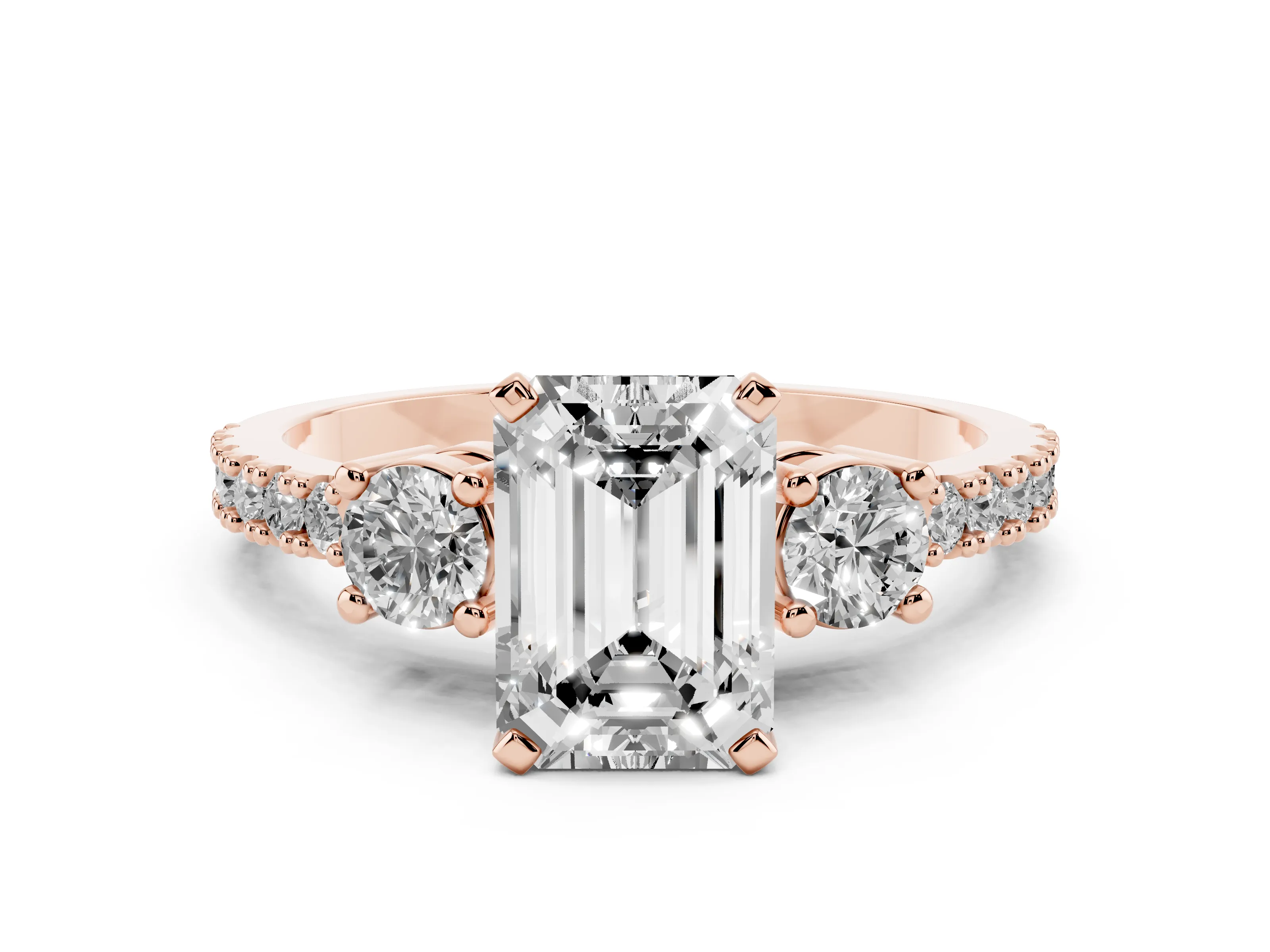 Three-Stone Emerald Cut Diamond Pavé Band Ring Set in Rose gold with Prong Setting