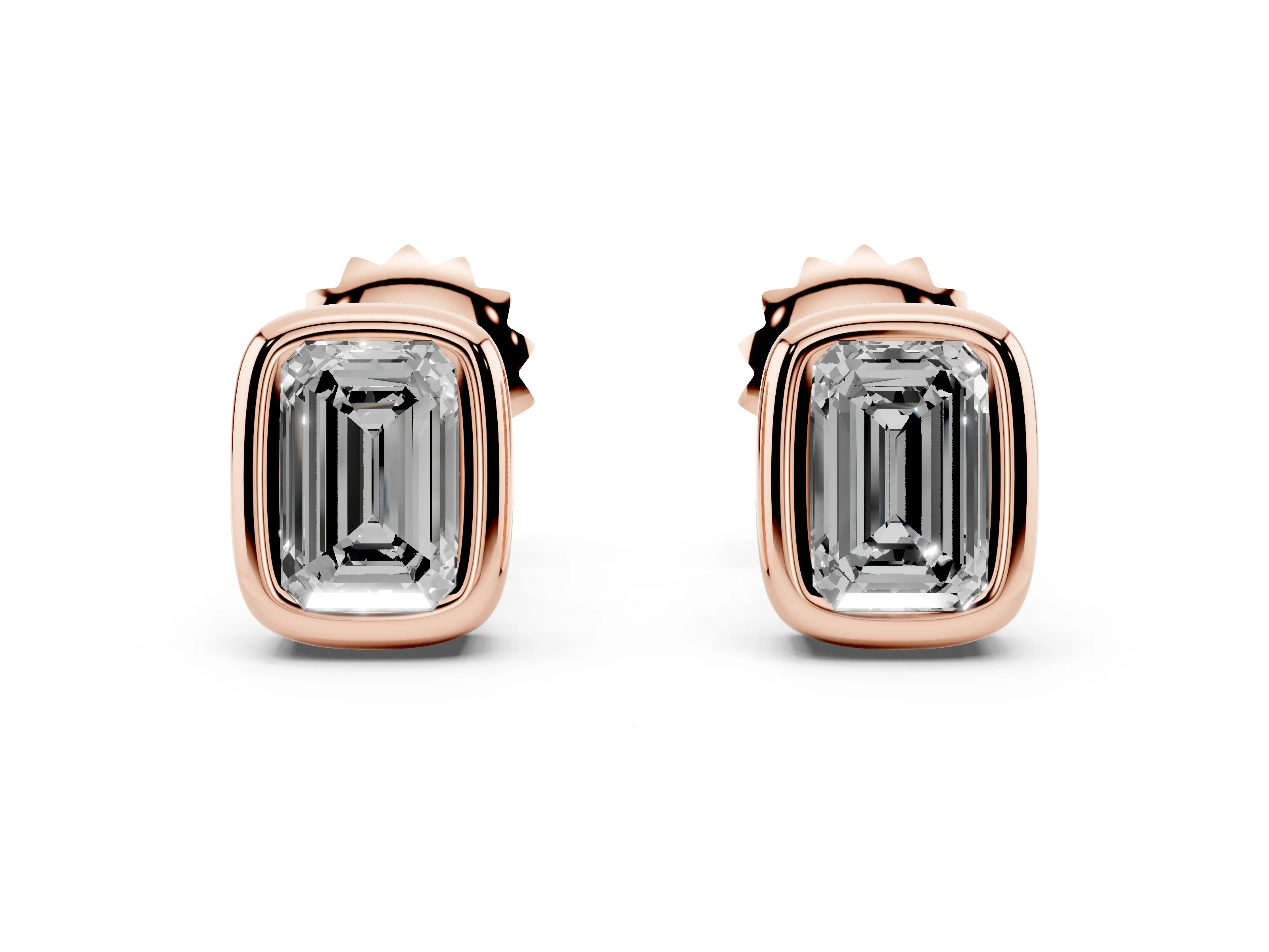Emerald Cut Lab-Grown Diamond Bezel Solitaire Stud Earrings | Polished Rim | Rose Gold