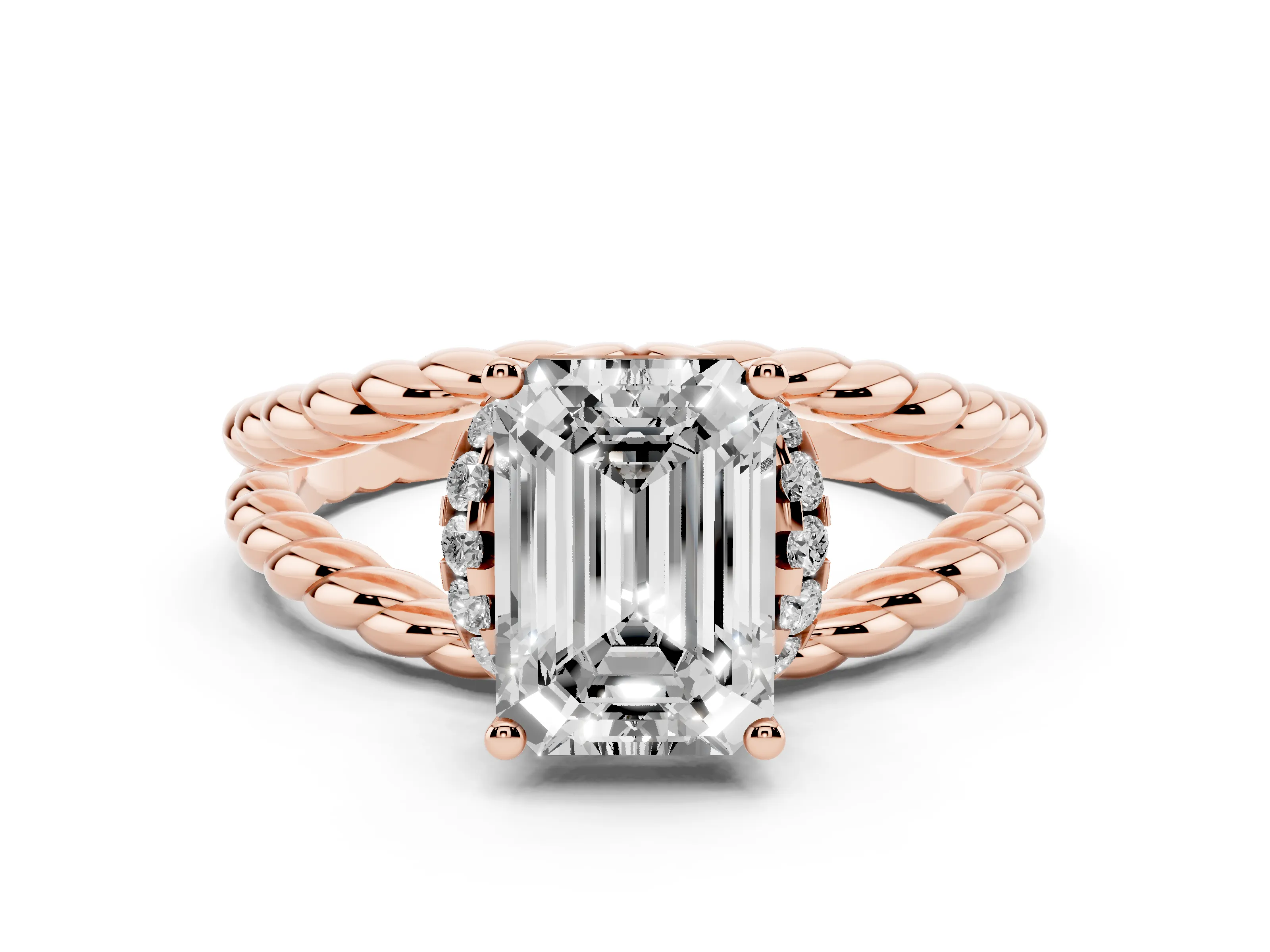 Emerald Cut Diamond Halo Ring Set in Rose gold with Twisted Band and Prong Setting