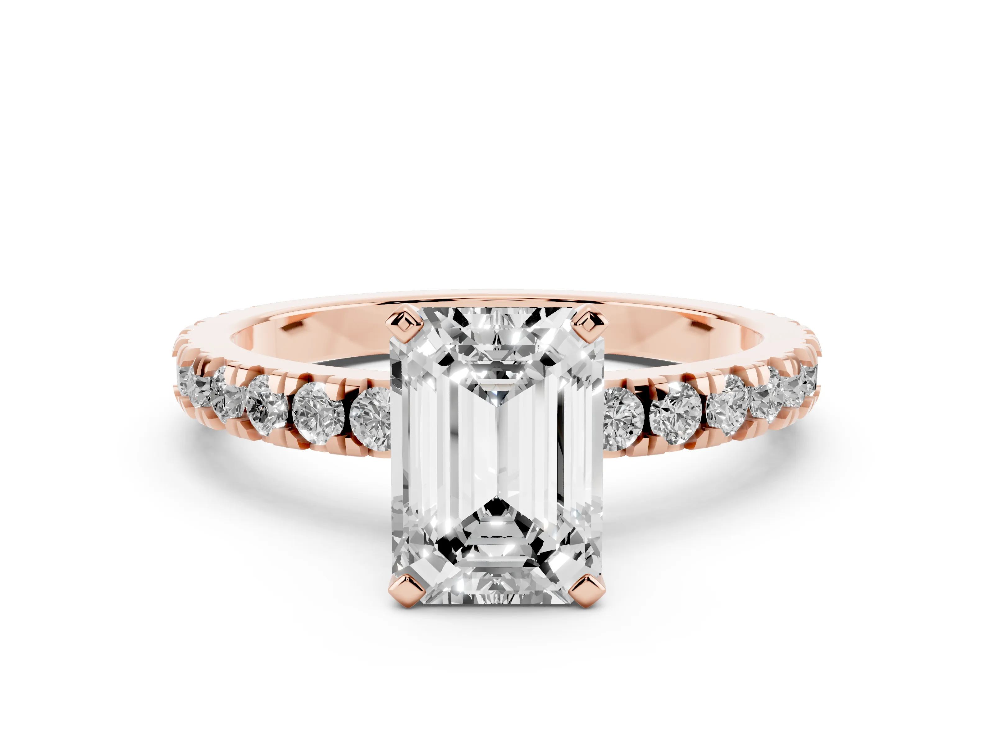 Emerald Cut Diamond Pavé Band Solitaire Set in Rose gold with Prong Setting