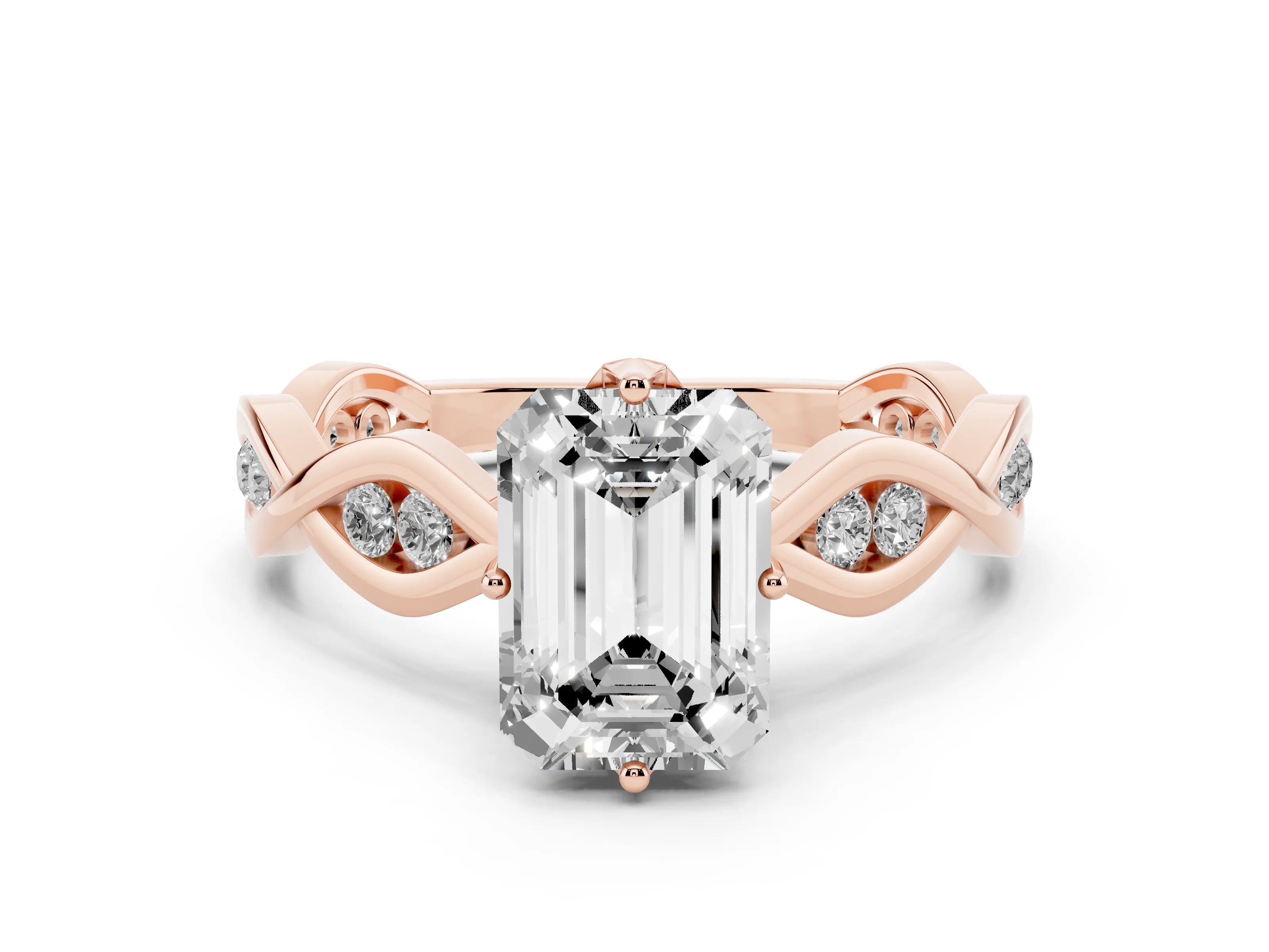 Emerald Cut Diamond Twist Band Solitaire Ring Set in Rose gold with Leaf Prong Setting and Accent Stones