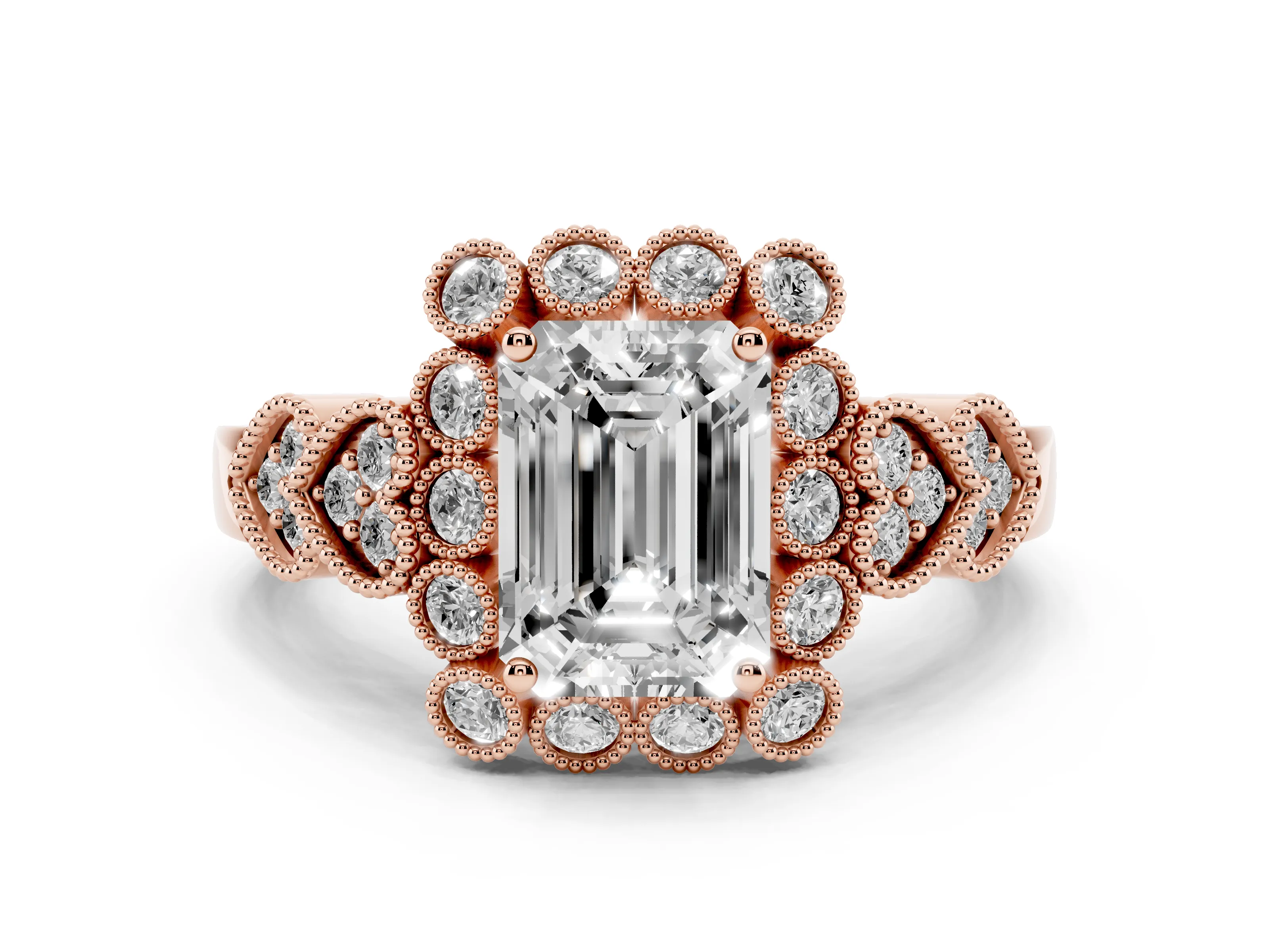 Emerald Cut Diamond Solitaire Ring Set in Rose gold with Milgrain Pavé Heart Band