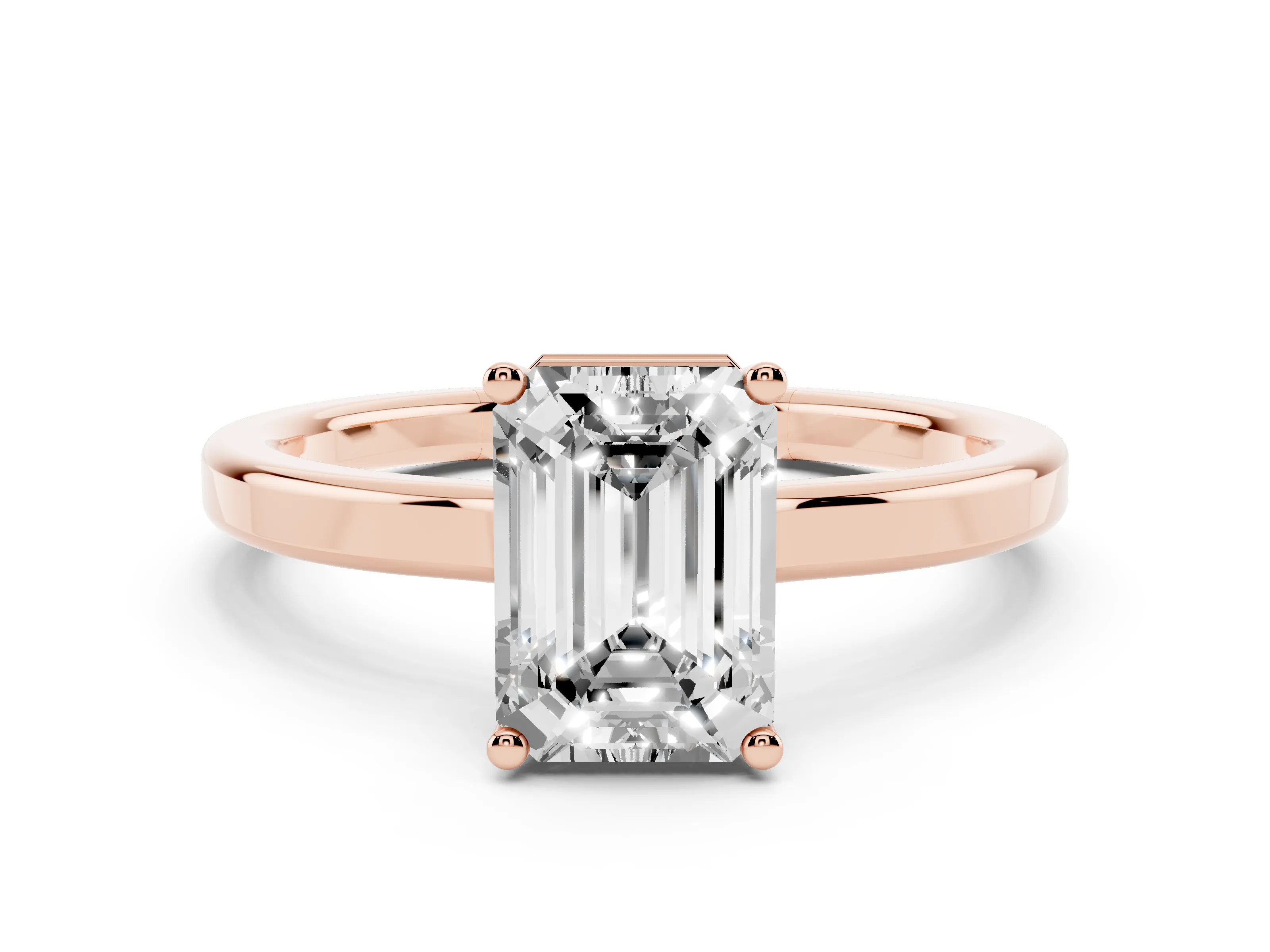 Emerald Cut Diamond Solitaire Engagement Ring Set in Rose gold with Prong Setting on a Plain Band