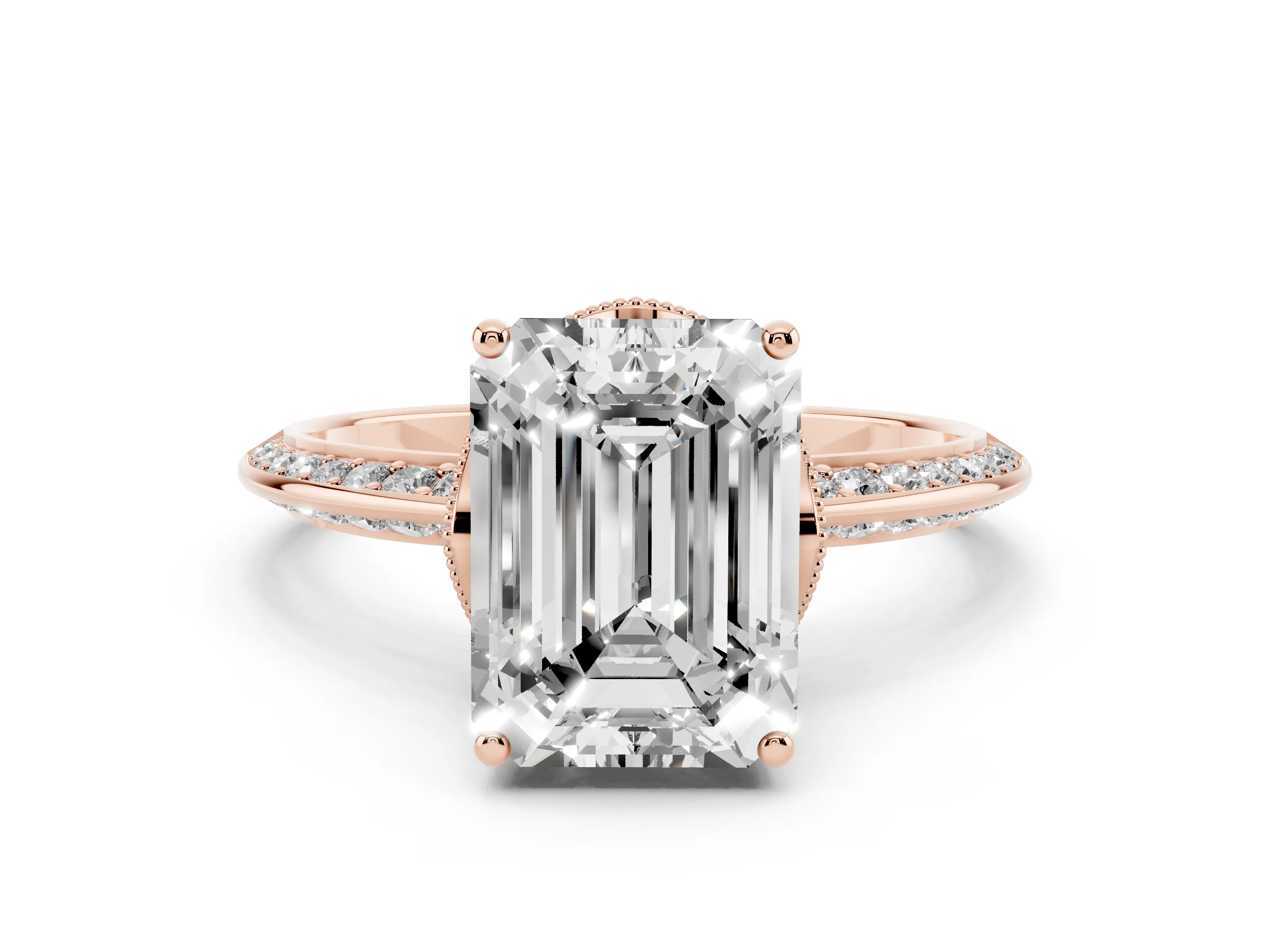 Emerald Cut Diamond Solitaire Engagement Ring Set in Rose gold with Pavé Split Shank and Prong Setting