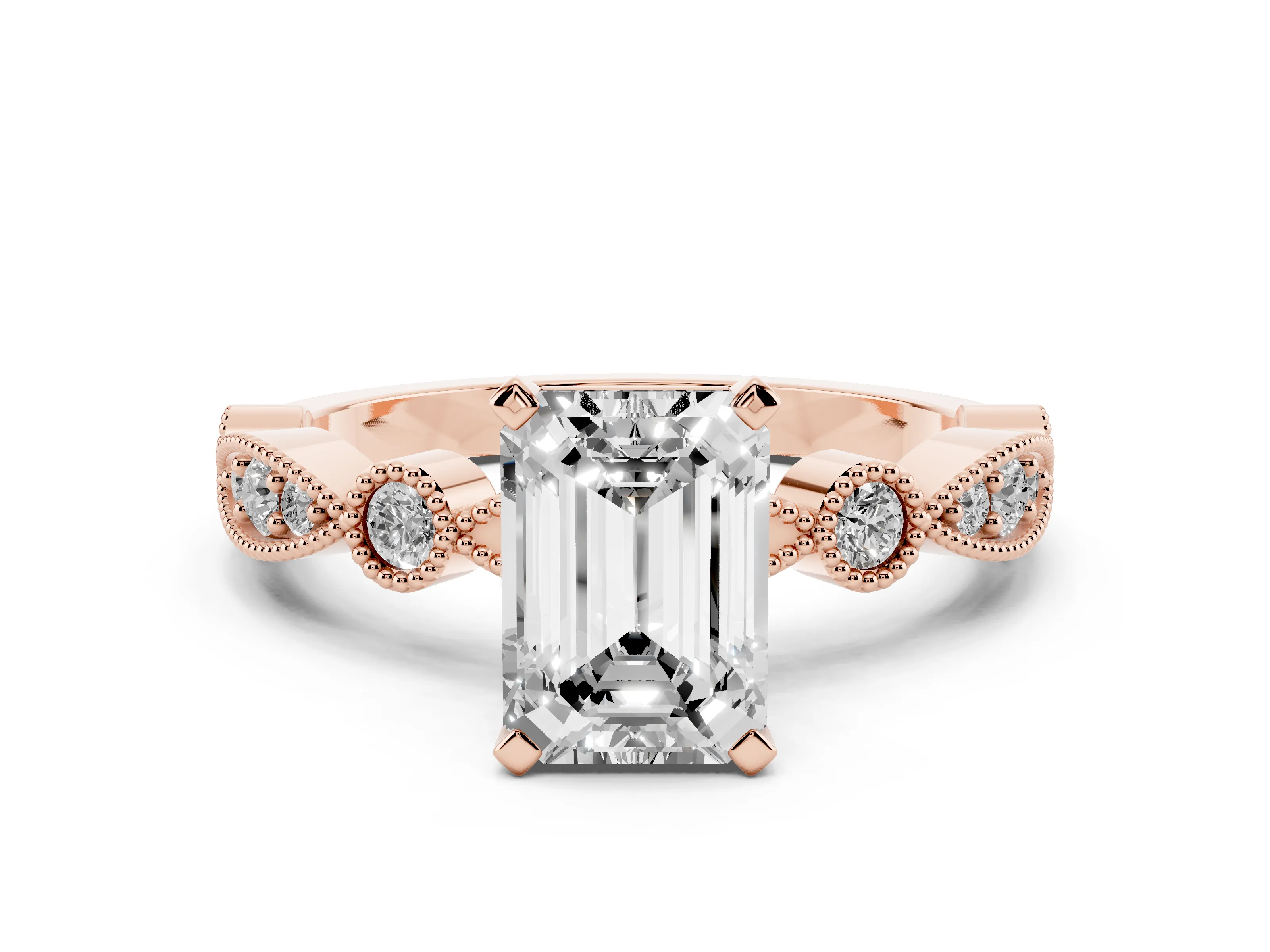 Emerald Cut Diamond Solitaire Engagement Ring Set in Rose gold with Milgrain Bezel Accent Band