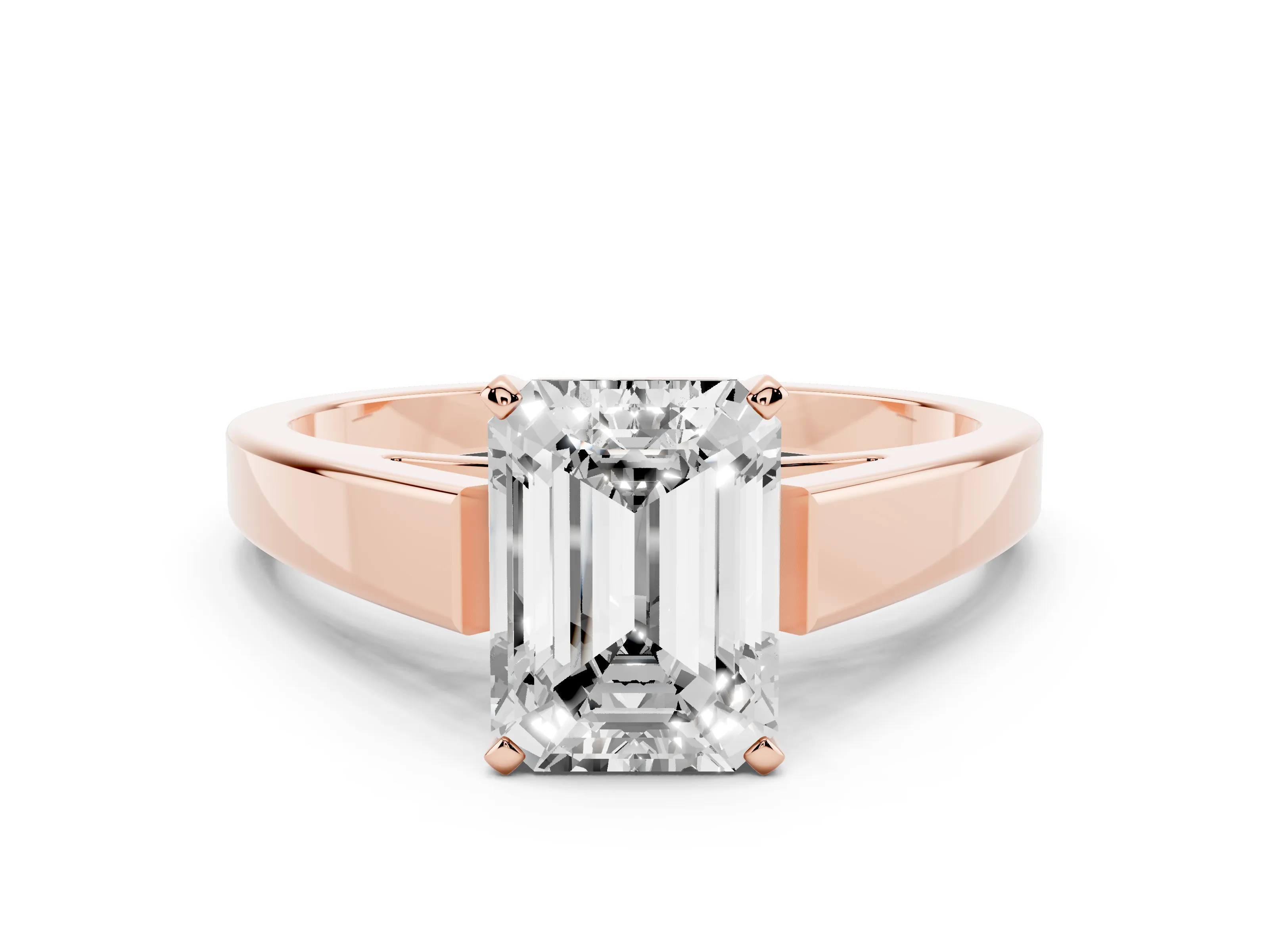 Emerald Cut Diamond Solitaire Engagement Ring Set in Rose gold with Prong Setting and Tapered Band