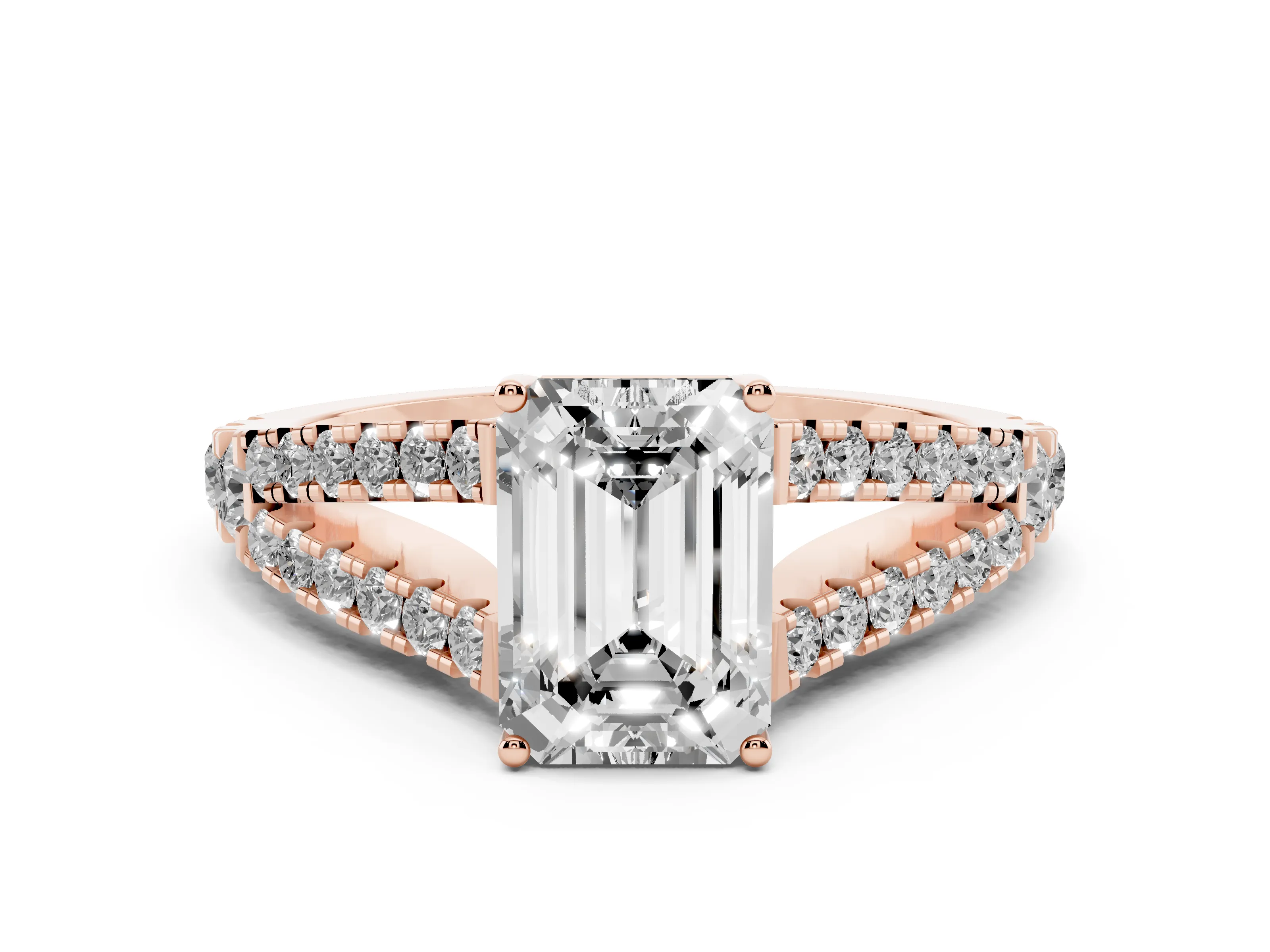 Emerald Cut Diamond Split Shank Pavé Engagement Ring Set in Rose gold with Prong-Held Center Stone