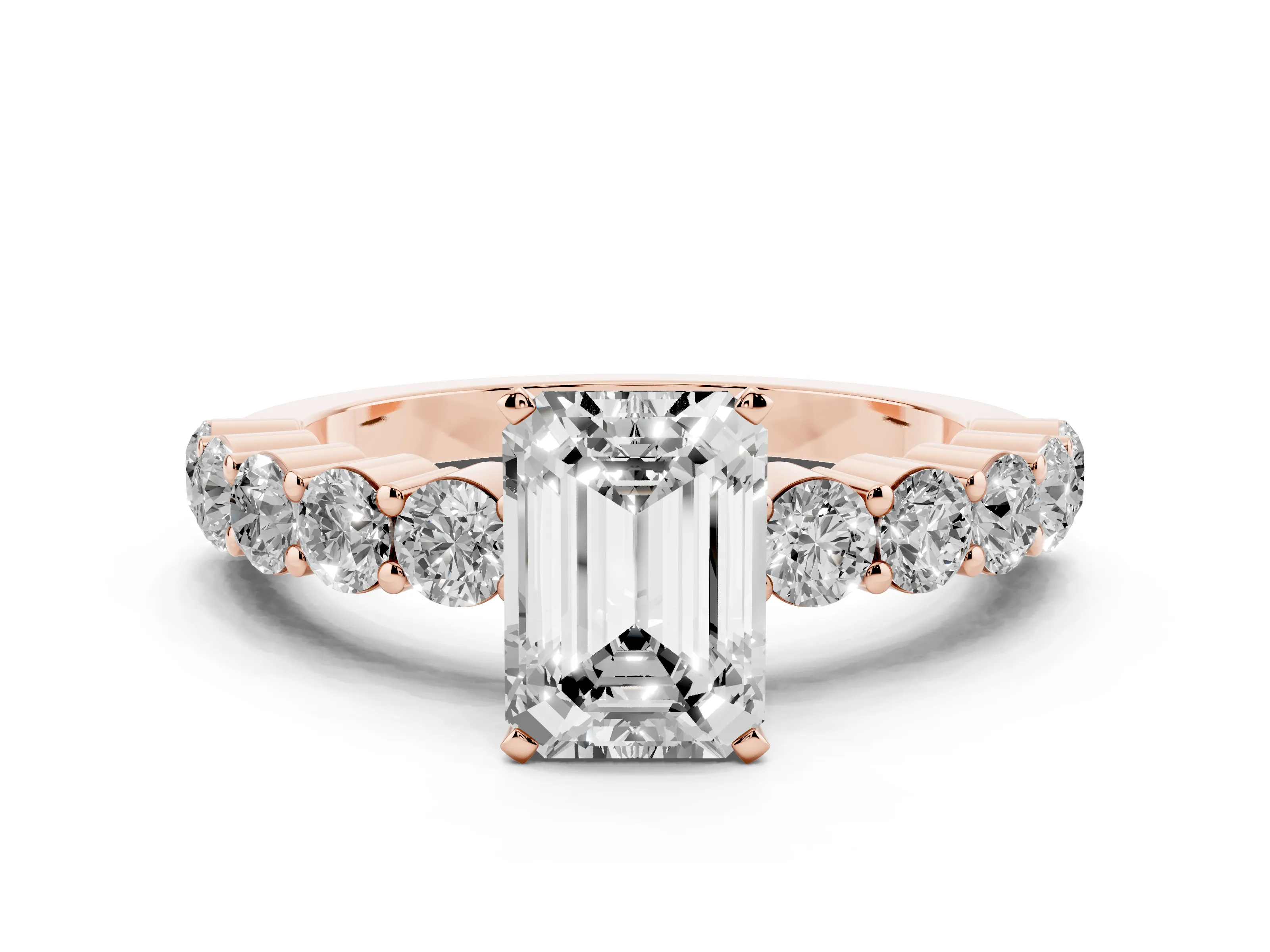 Emerald Cut Diamond Solitaire Ring Set in Rose gold with Shared Prong Round Side Stones