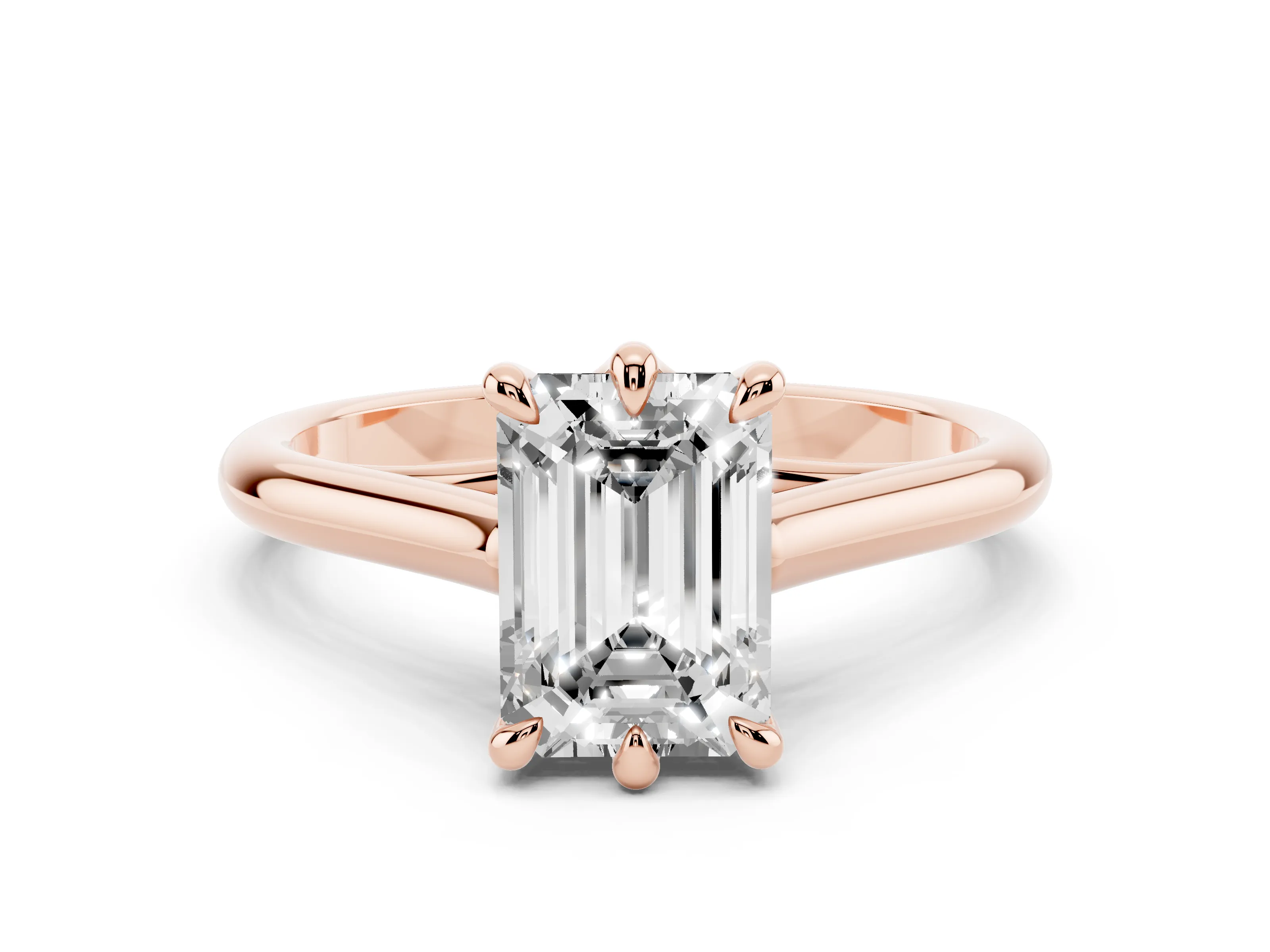Emerald Cut Diamond Solitaire Engagement Ring Set in Rose gold with Prong Setting and Plain Classic Band