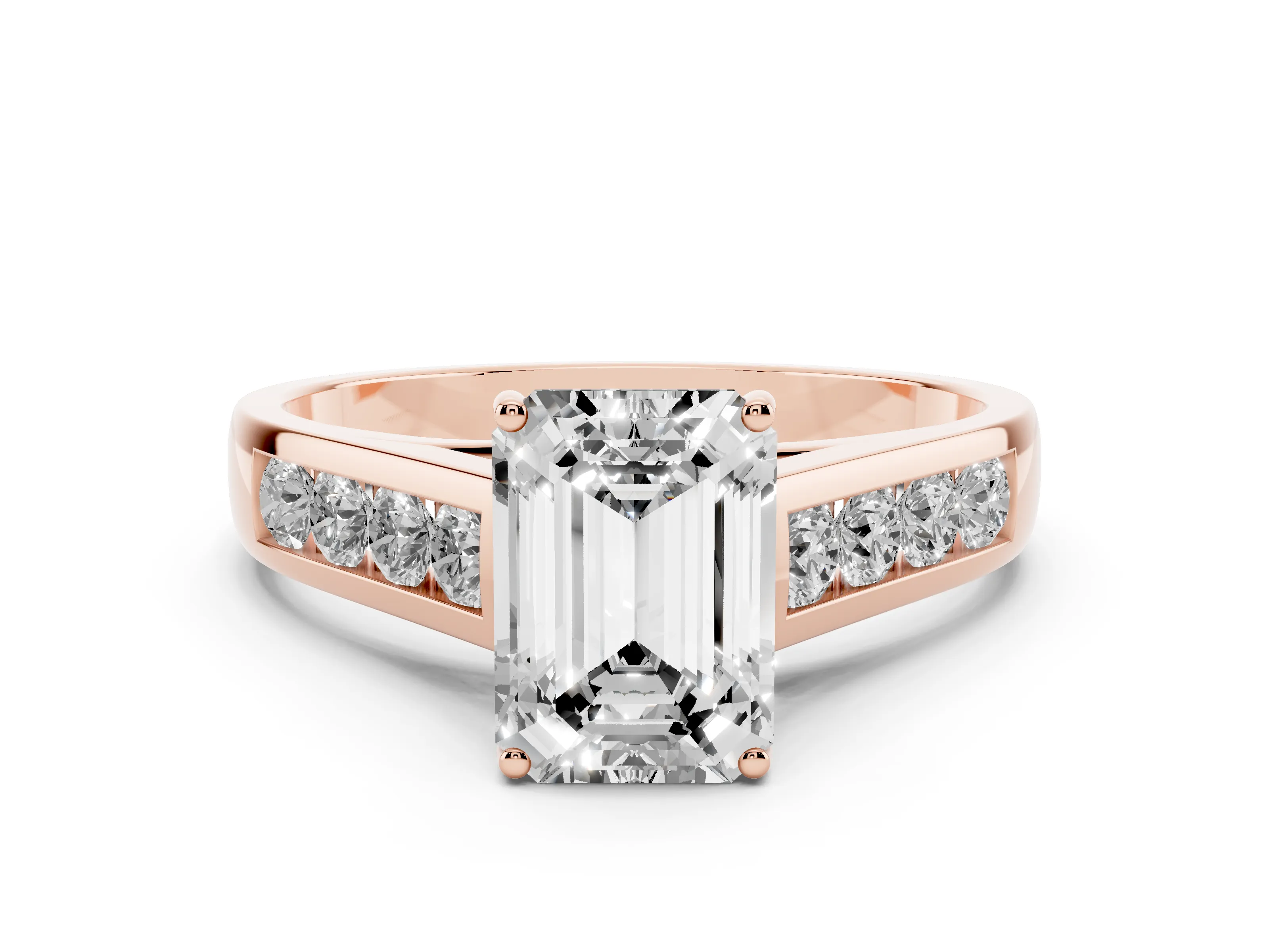 Emerald Cut Diamond Solitaire Channel-Set Engagement Ring Set in Rose gold with Prong Setting