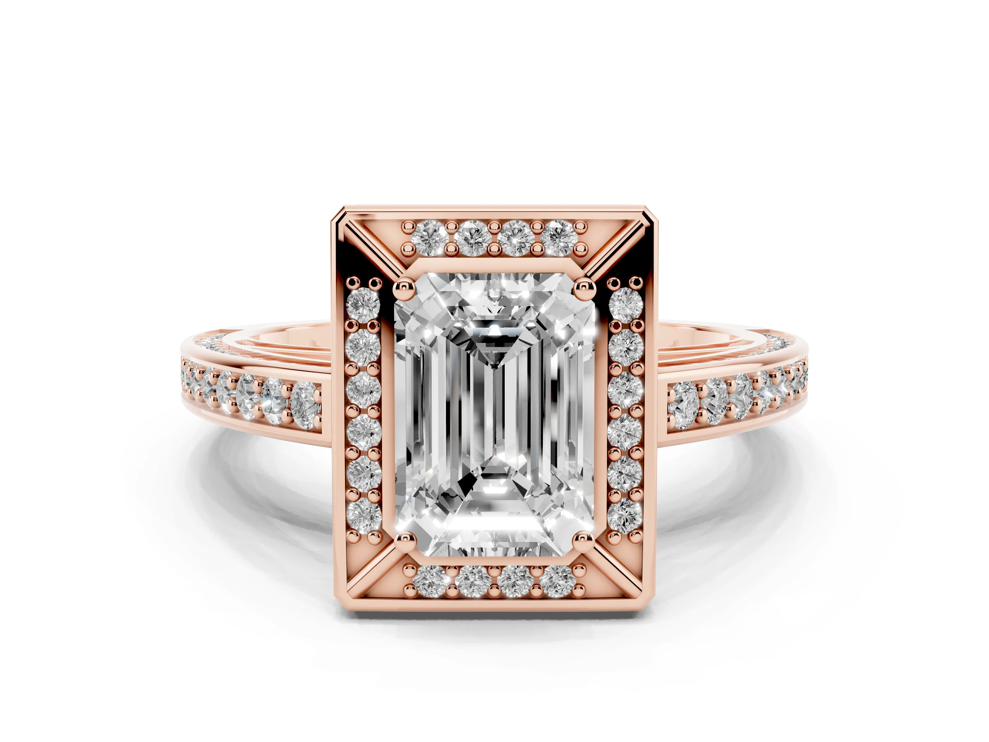 Emerald Cut Diamond Halo Pavé Split Shank Ring Set in Rose gold with Prong Setting