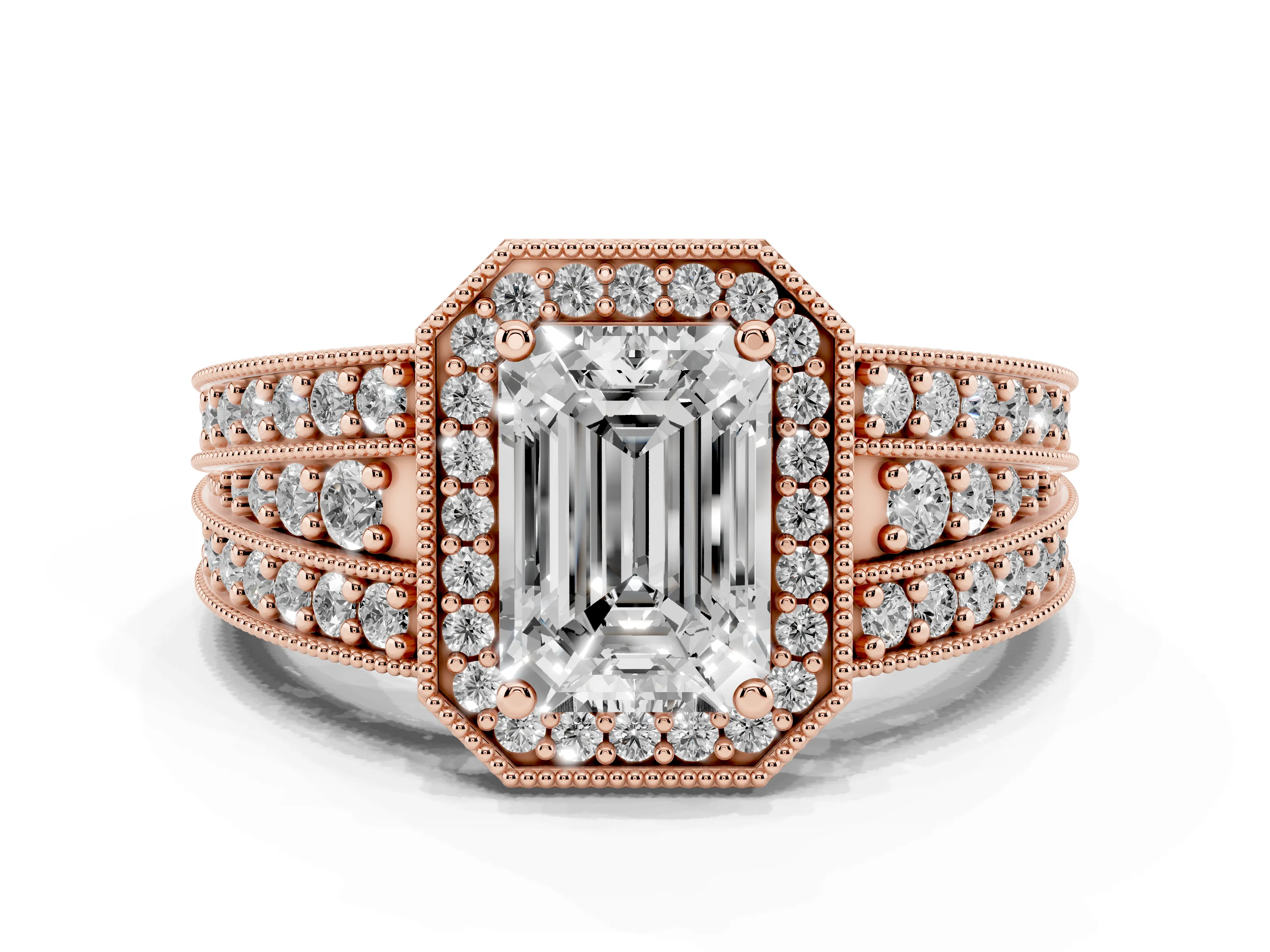 Emerald Cut Diamond Halo Ring Set in Rose gold with Accent Split Shank and Prong Setting