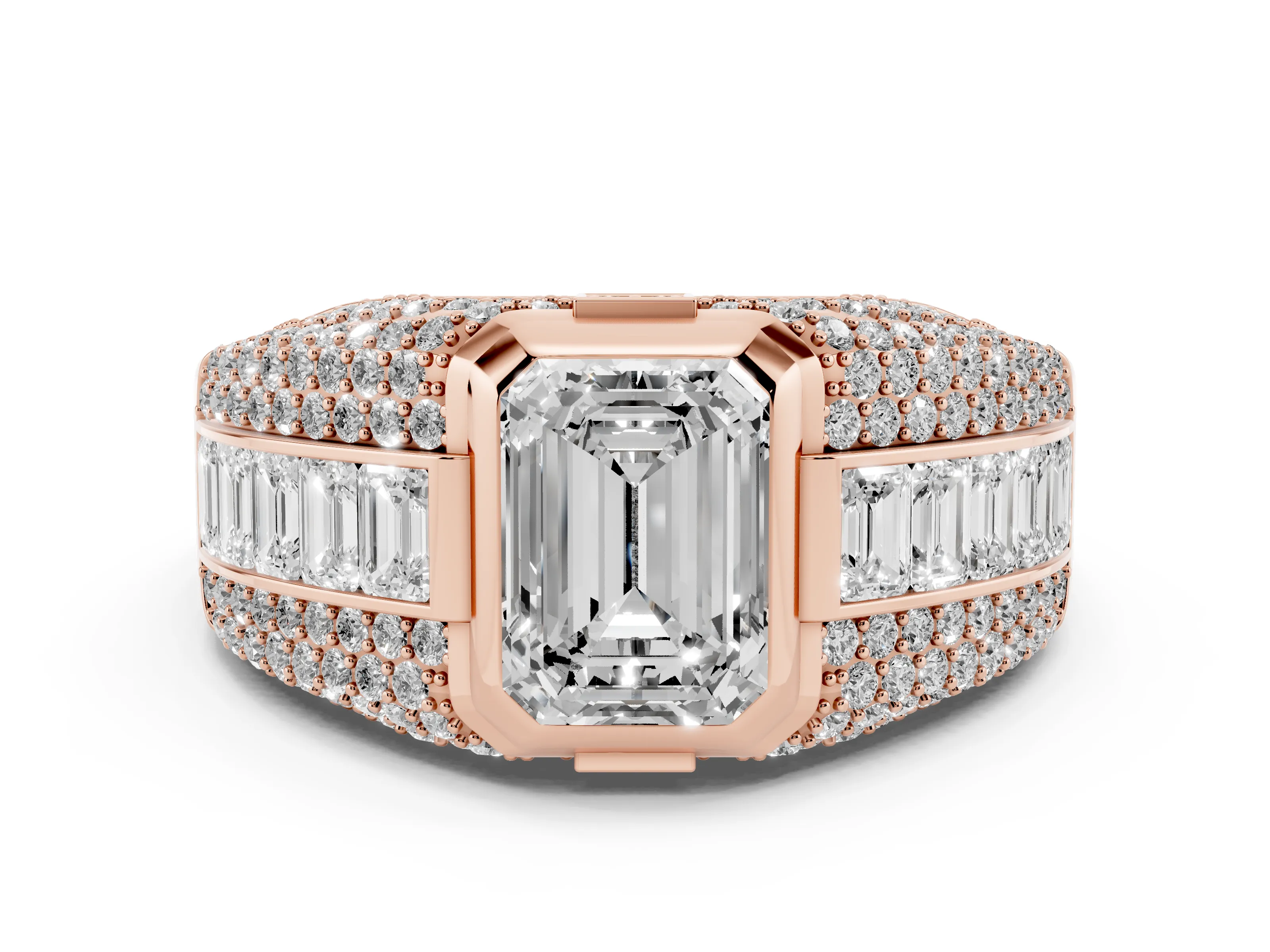 Emerald Cut Diamond Mens Ring Set in Rose gold with Structured Side Stones and Pavé Shoulders