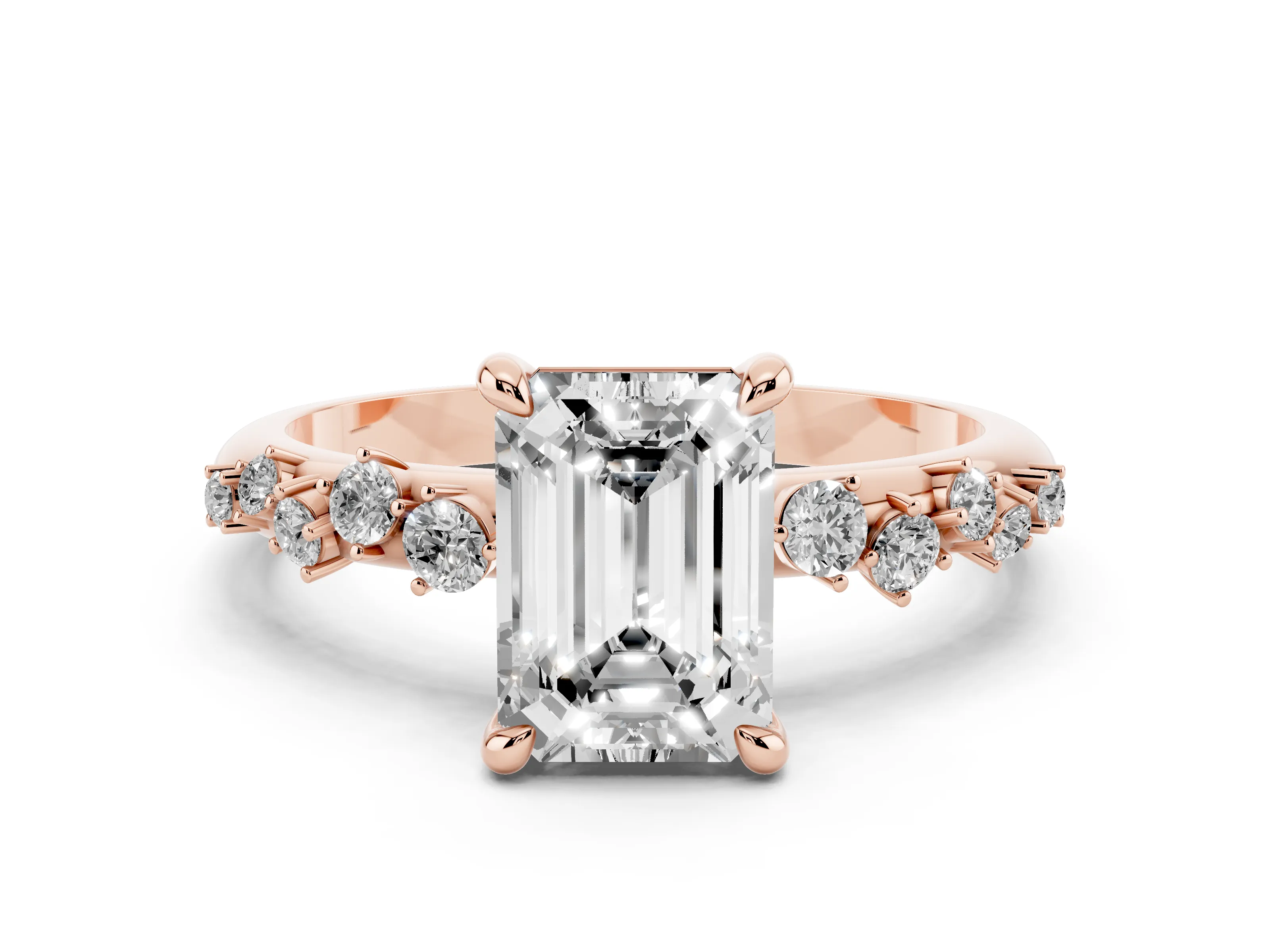 Emerald Cut Diamond Solitaire Vine Band Ring Set in Rose gold with Round Accents and Prong Setting