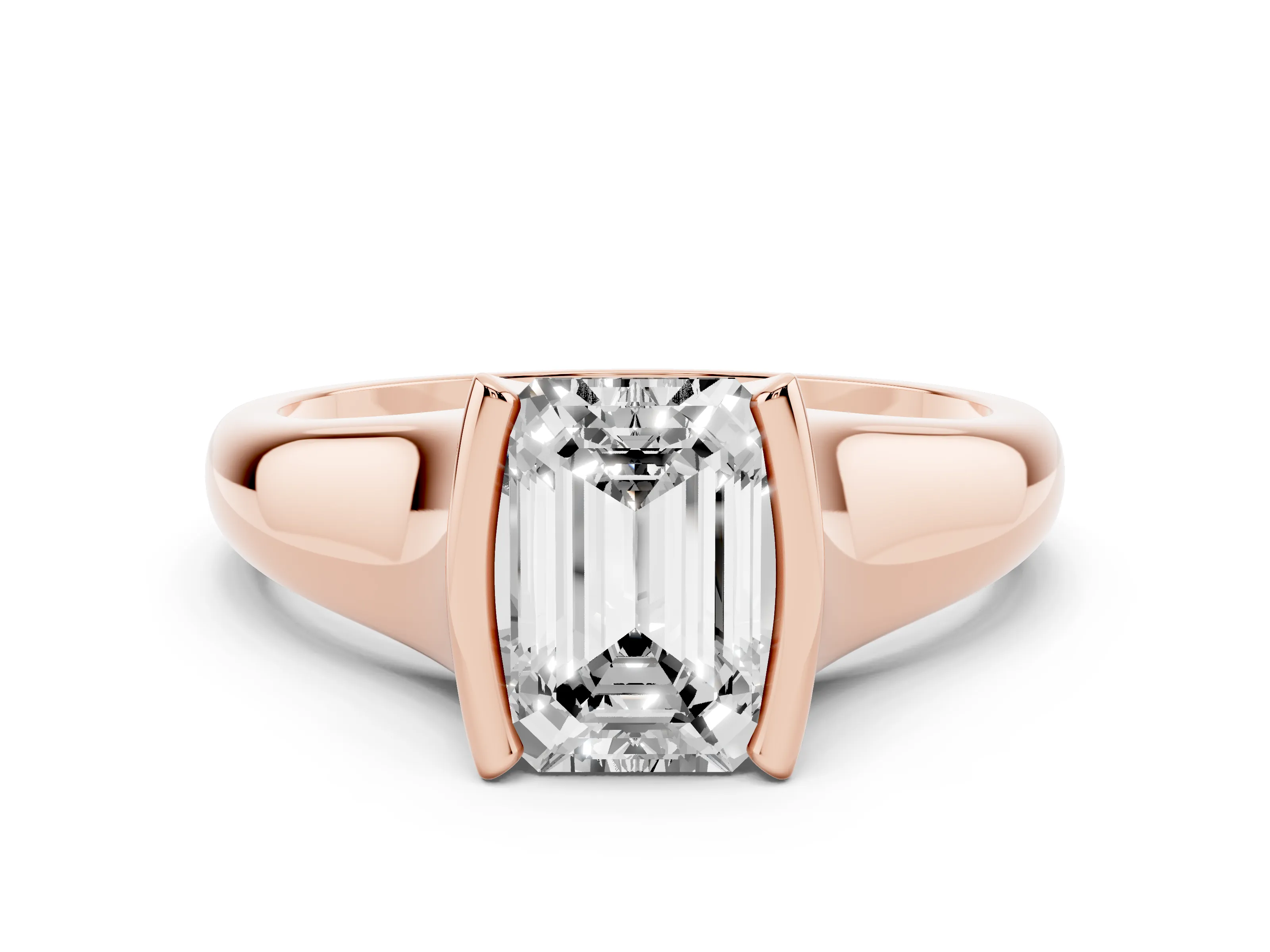 Emerald Cut Diamond Solitaire Tension Set Ring Set in Rose gold with Split Shank Band