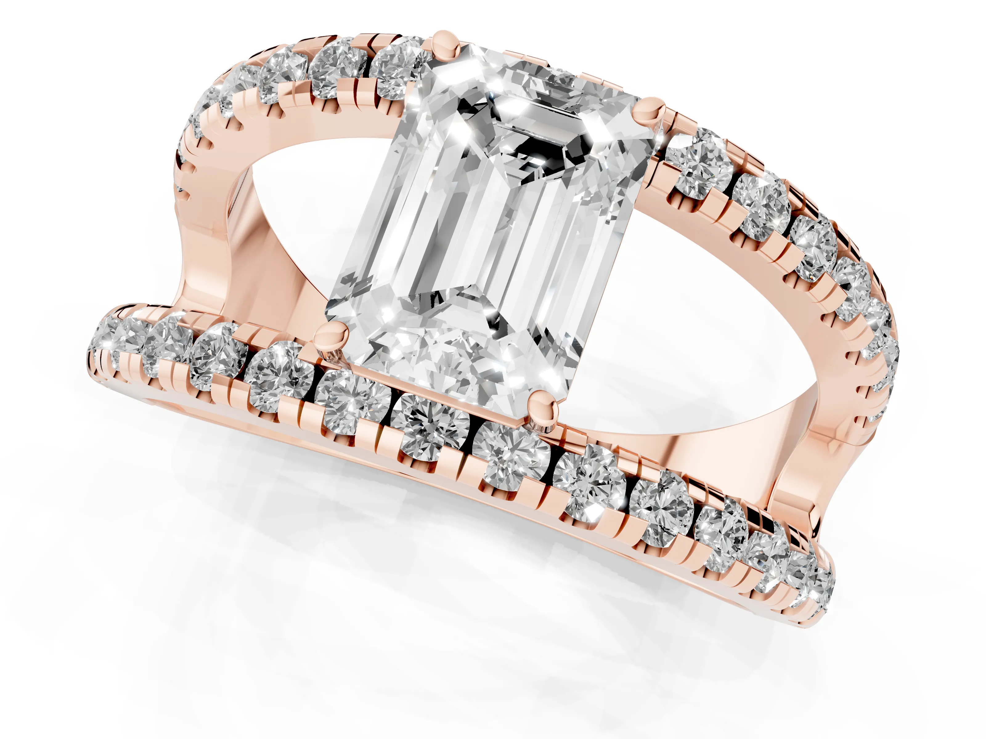 Emerald Cut Diamond Split Shank Pavé Solitaire Ring Set in Rose gold with Open Shank Design