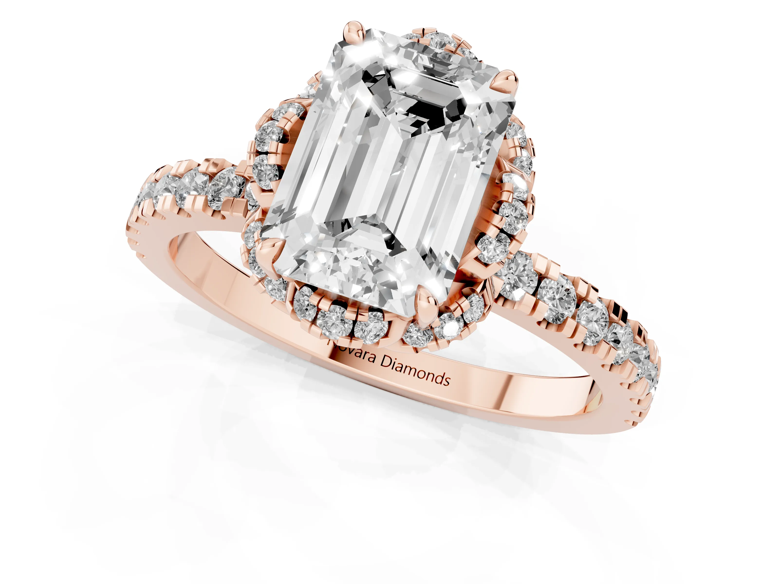 Emerald Cut Diamond Halo Pavé Band Ring Set in Rose gold with Prong-Held Center