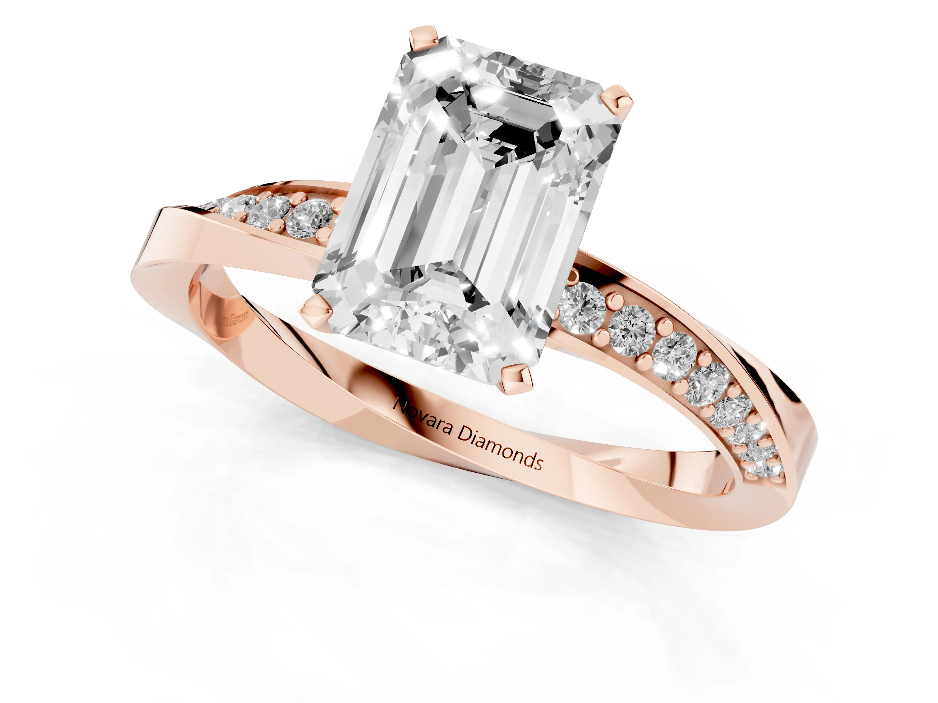 Emerald Cut Diamond Engagement Ring Set in Rose gold with Side Stone Accents and Prong Setting