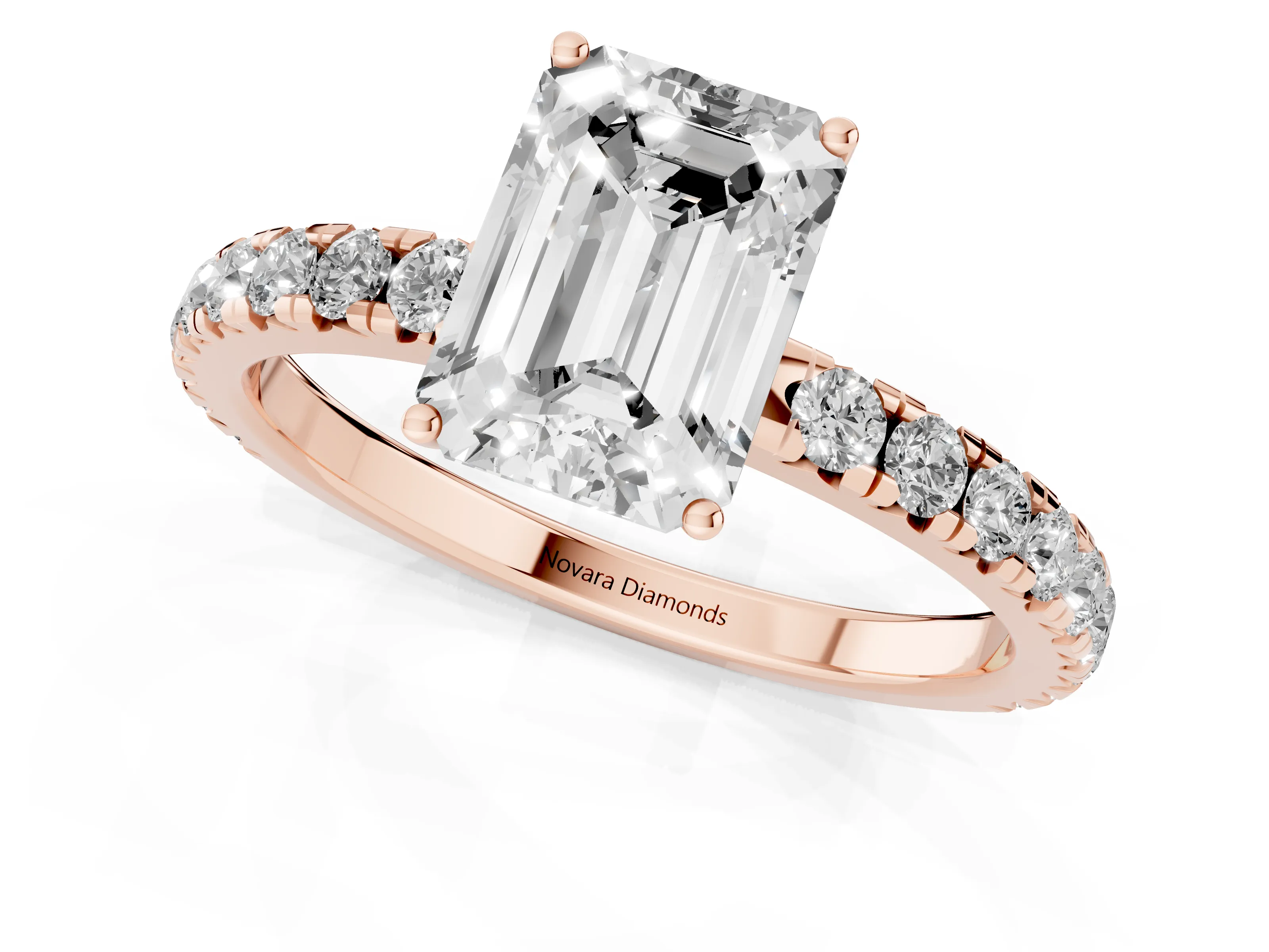 Emerald Cut Diamond Pavé Solitaire Engagement Ring Set in Rose gold with Prong Setting