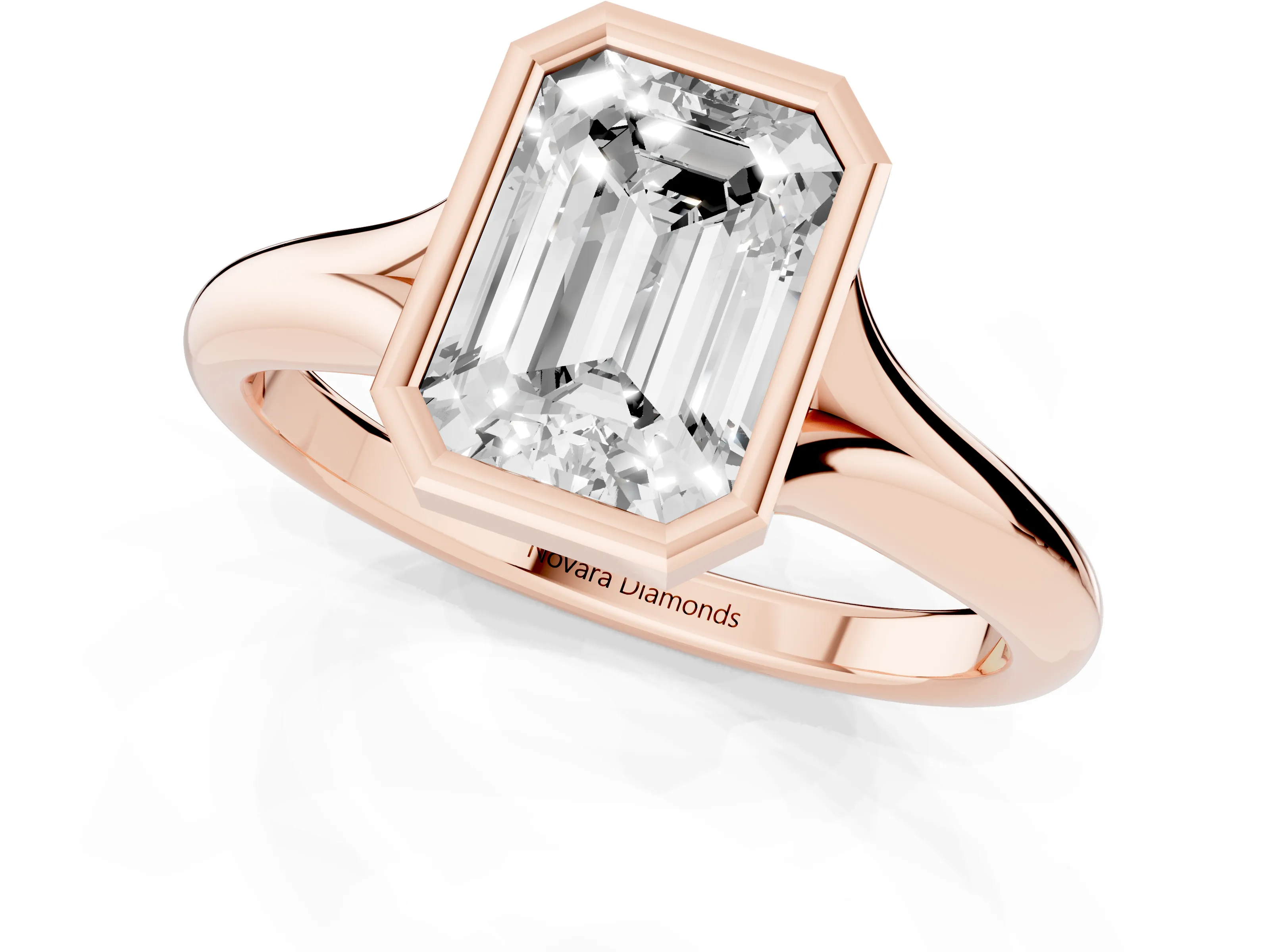 Bezel Set Emerald Cut Diamond Solitaire Ring Set in Rose gold with Smooth Band