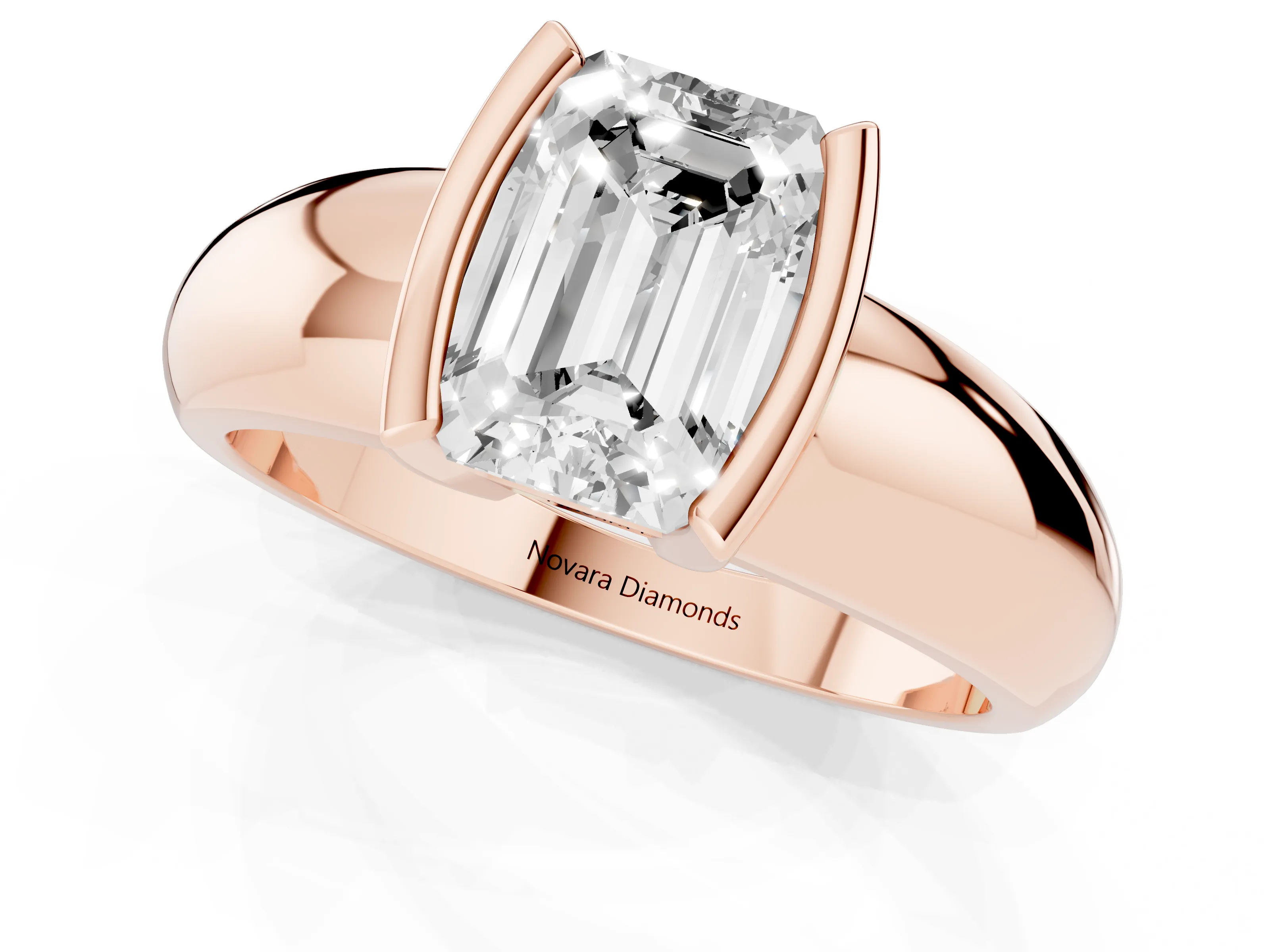 Emerald Cut Diamond Solitaire Tension Set Ring Set in Rose gold with Wide Band