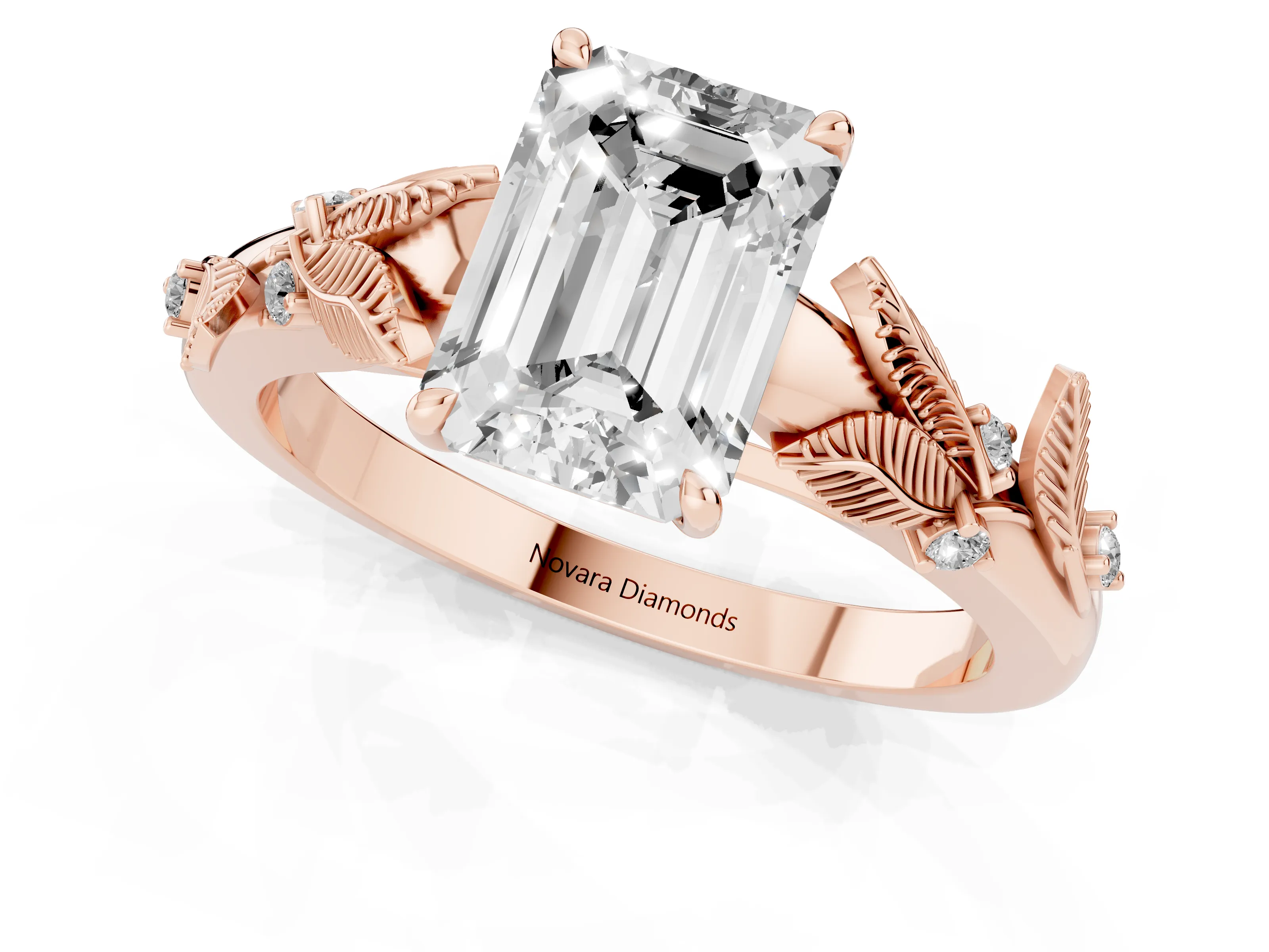 Emerald Cut Diamond Solitaire Ring Set in Rose gold with Leaf Motif Band