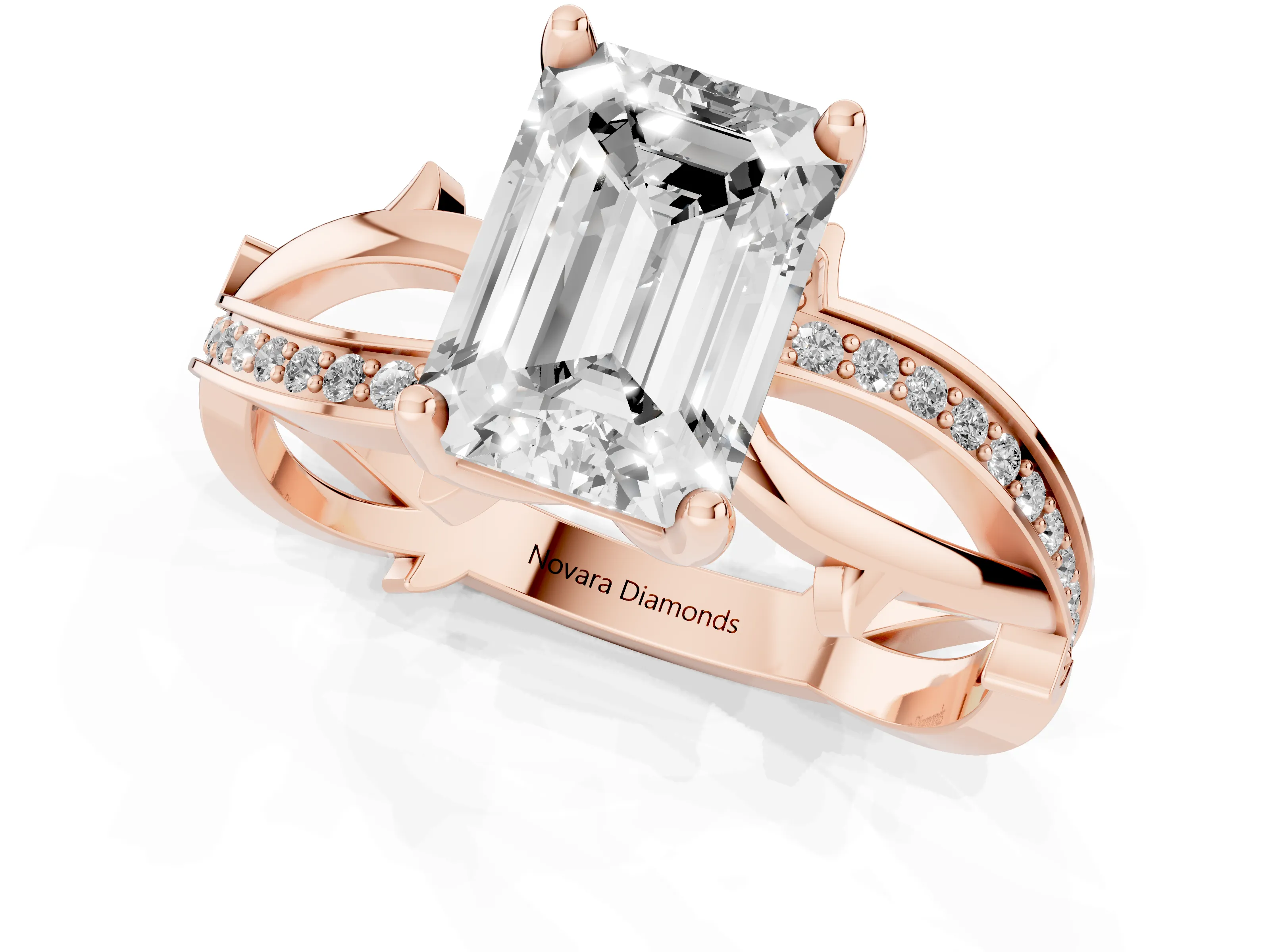Emerald Cut Diamond Pavé Twist Band Solitaire Ring Set in Rose gold with Prong Setting