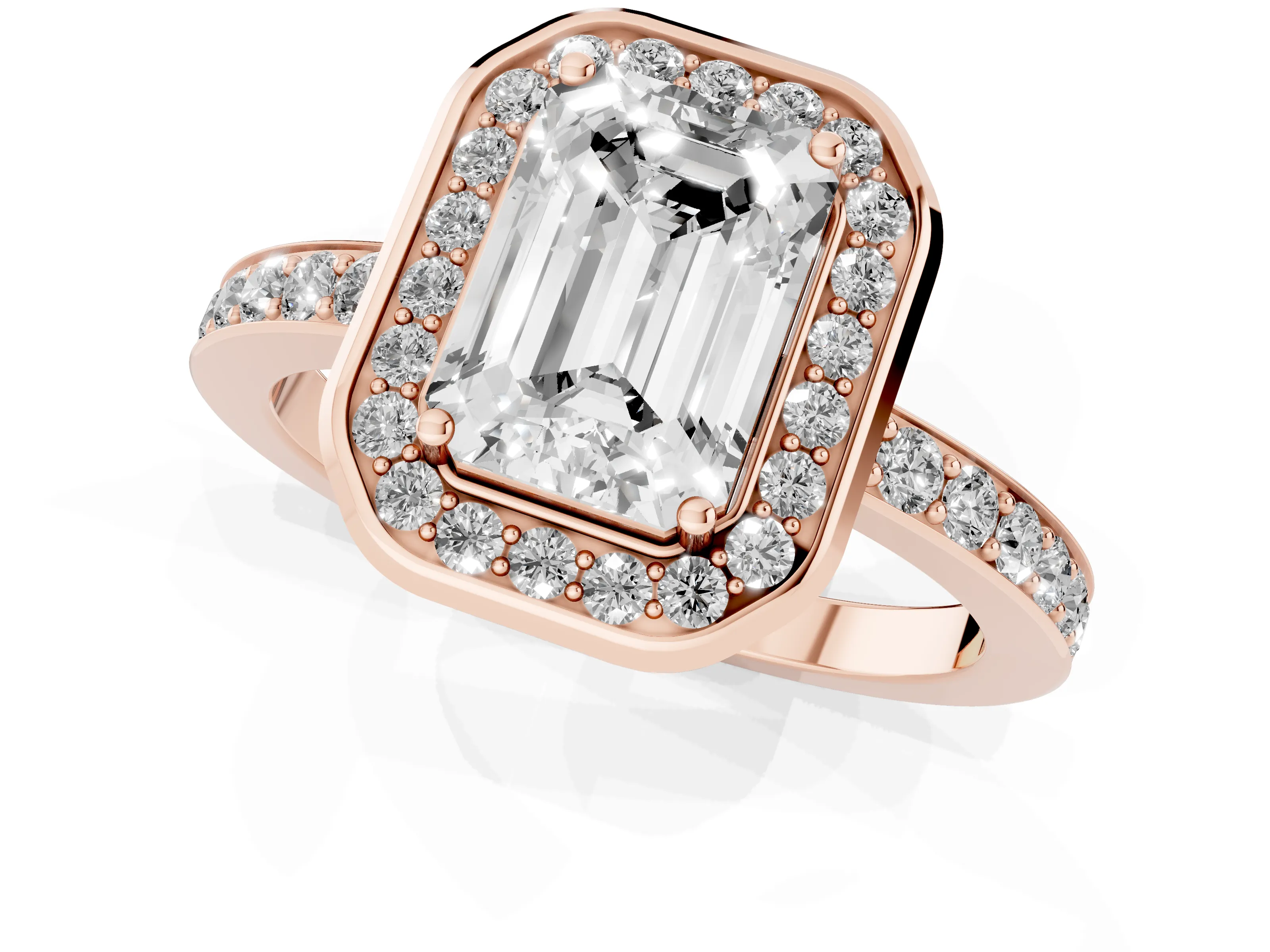 Emerald Cut Diamond Halo Ring Set in Rose gold with Bezel Frame and Pavé Band