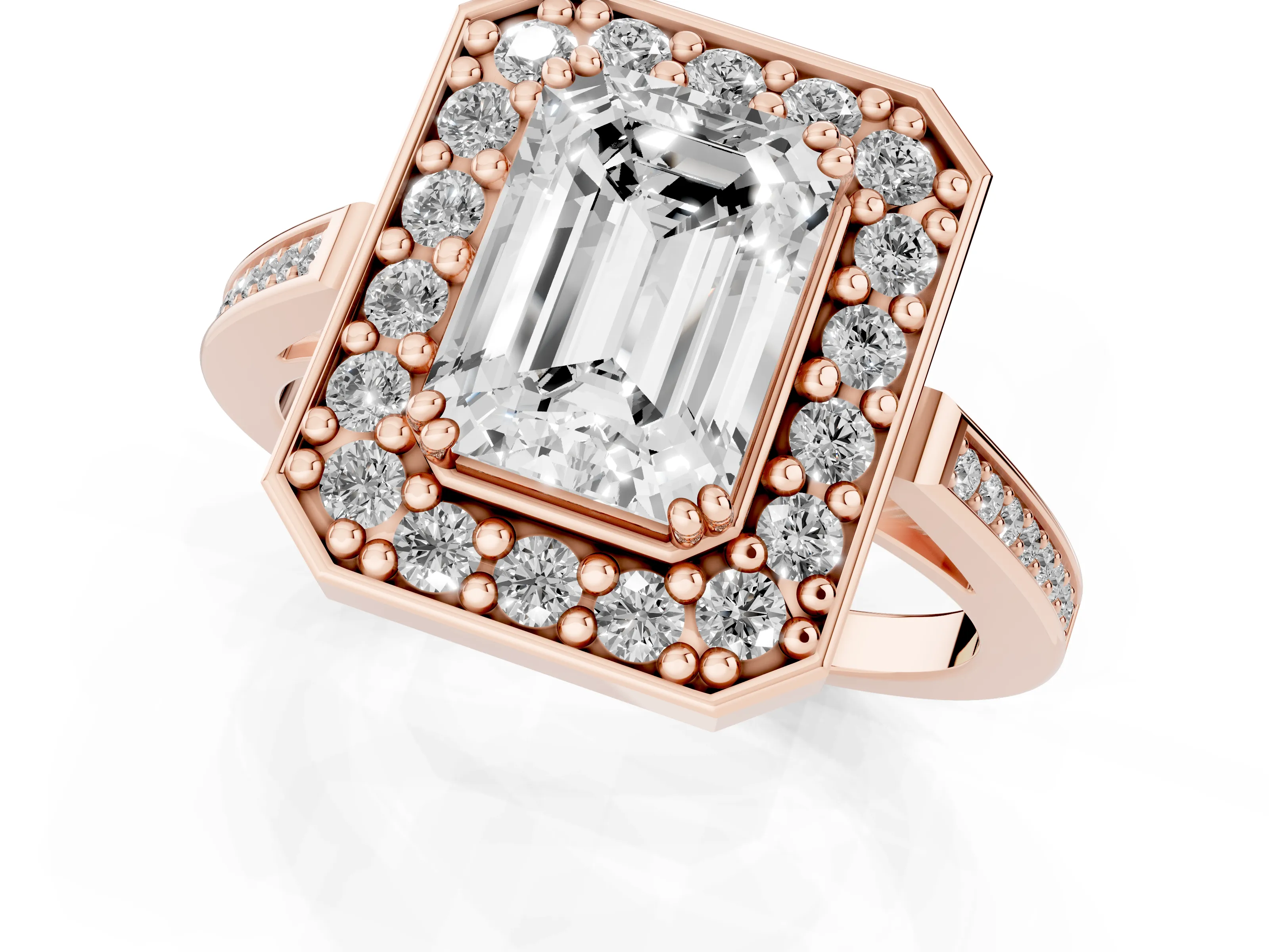Emerald Cut Diamond Halo Ring Set in Rose gold with Accent-Lined Split Shank and Prong Setting