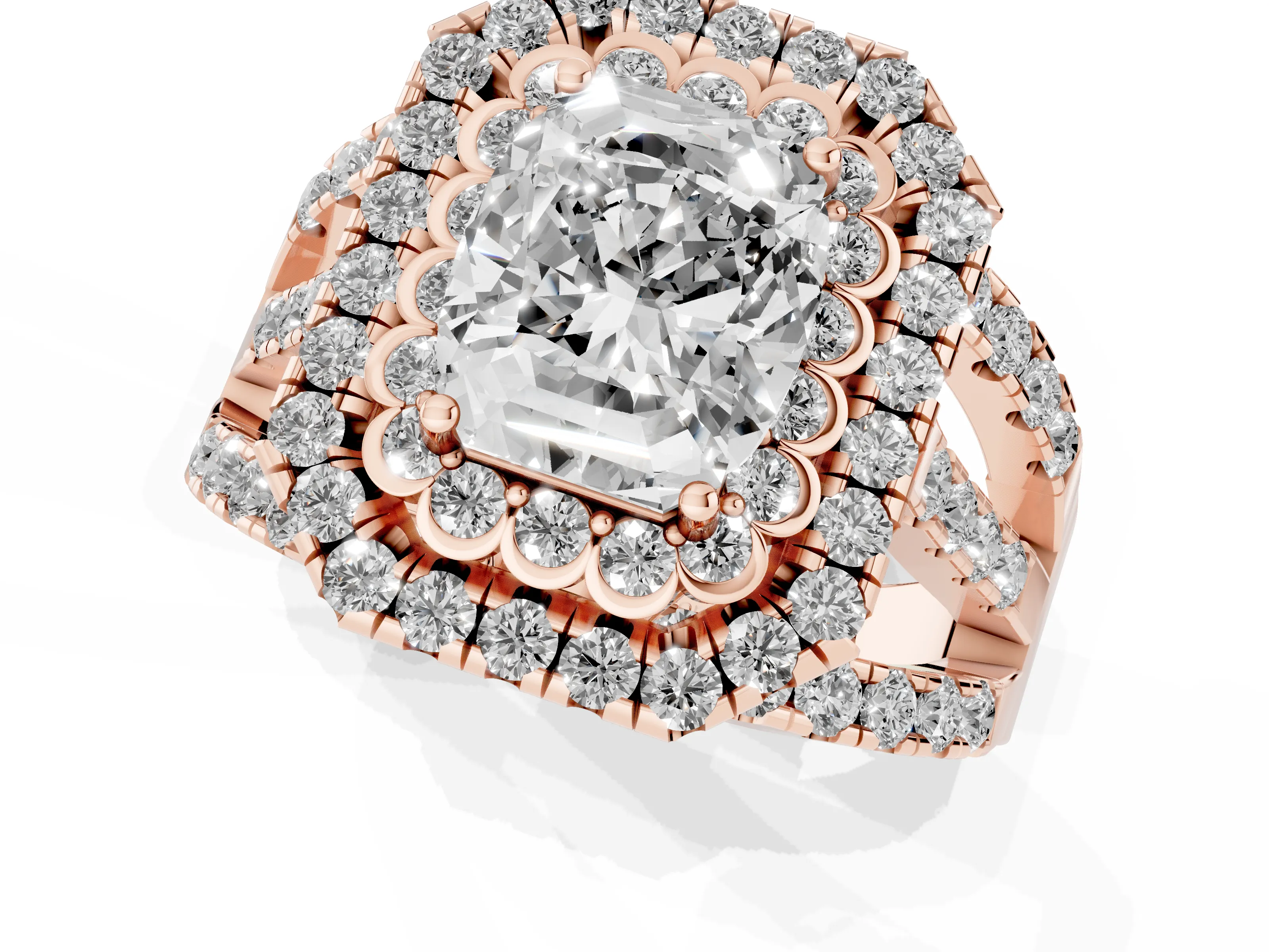 Emerald Cut Diamond Double Halo Ring Set in Rose gold with Round Pavé Split Shank