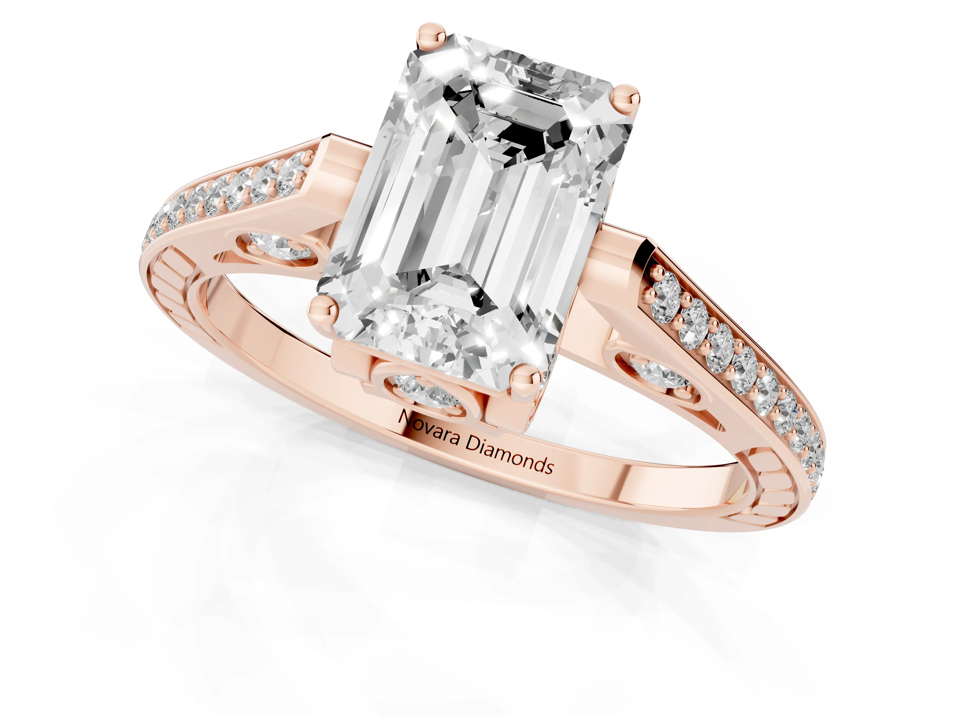 Emerald Cut Diamond Cathedral Pavé Engagement Ring Set in Rose gold with Prong Setting