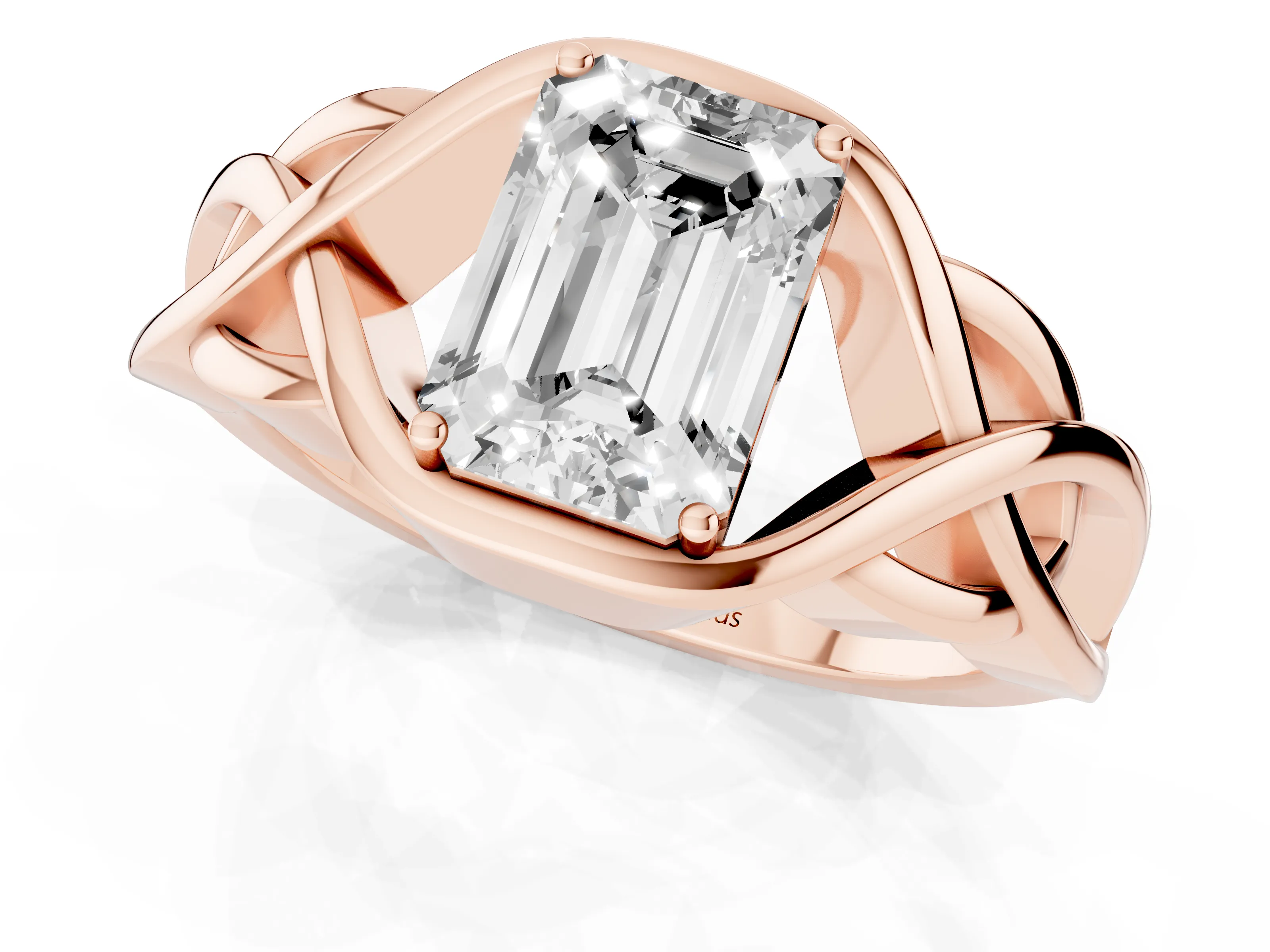 Emerald Cut Diamond Solitaire Ring Set in Rose gold with Intertwined Band
