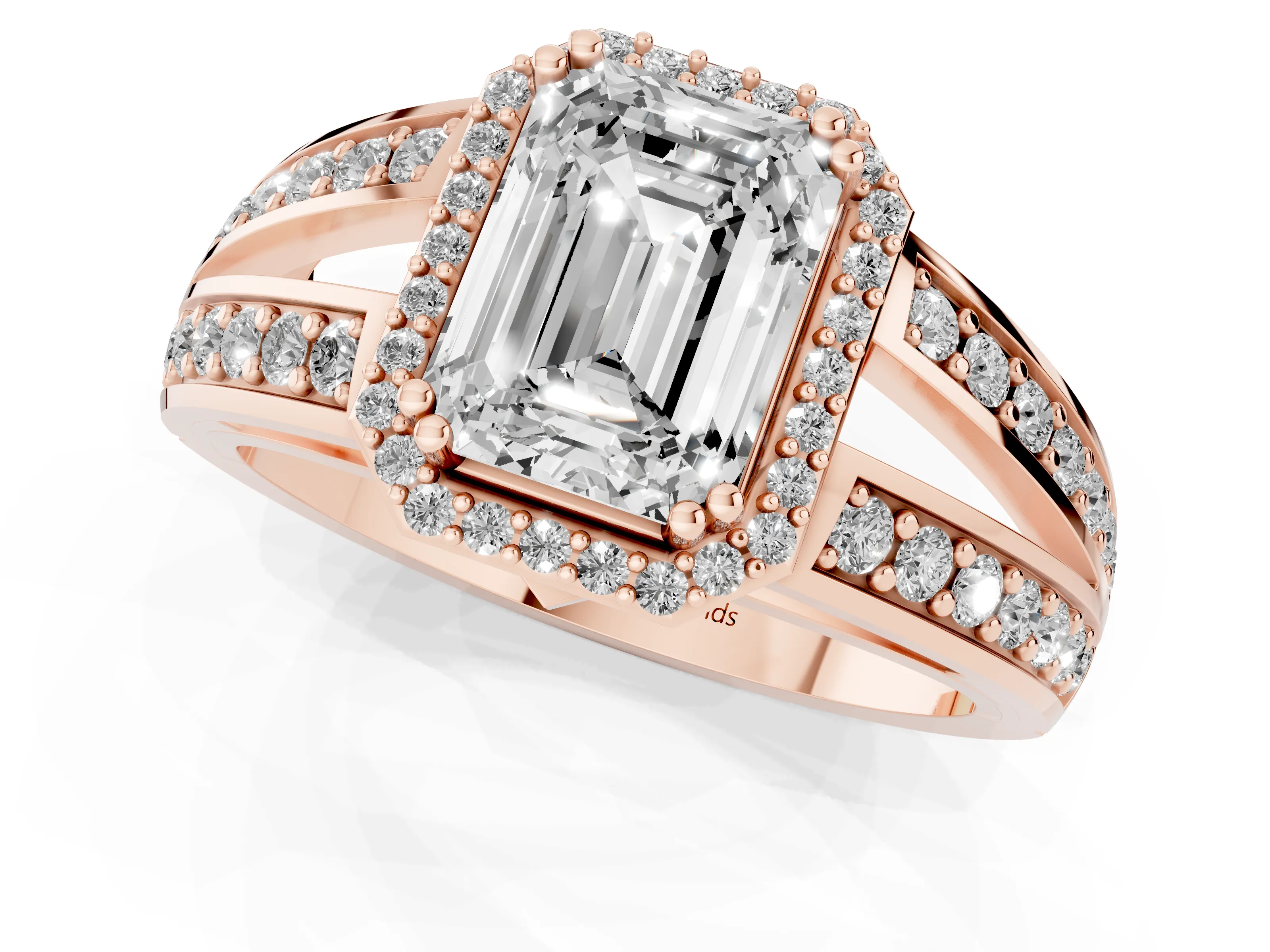 Emerald Cut Diamond Halo Ring Set in Rose gold with Double Pavé Split Shank